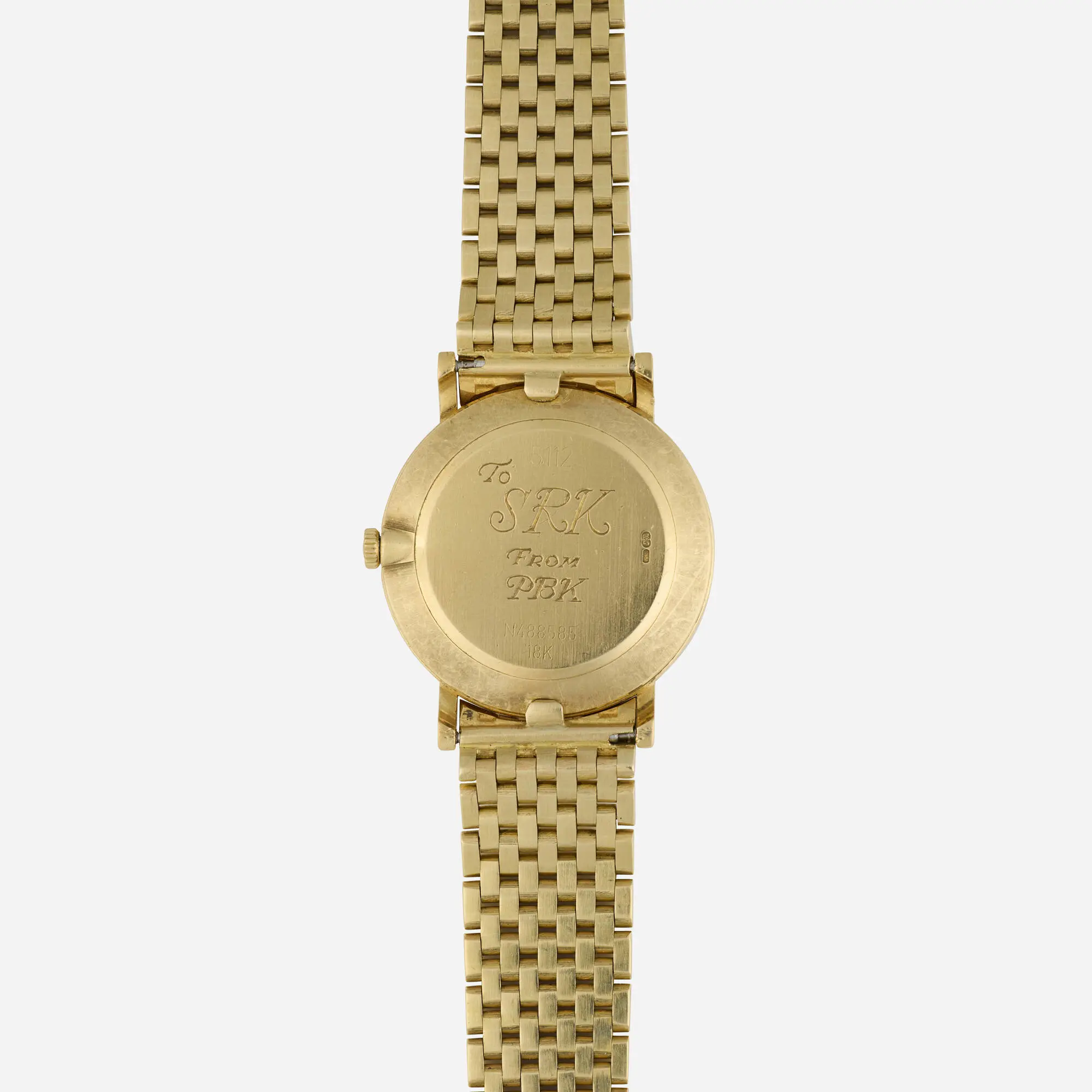 Vintage Rolex Cellini Ref. 5112 solid 18k yellow gold manual-wind 32mm dress watch with gold baton dial, integrated gold bracelet, original box, and guarantee papers.