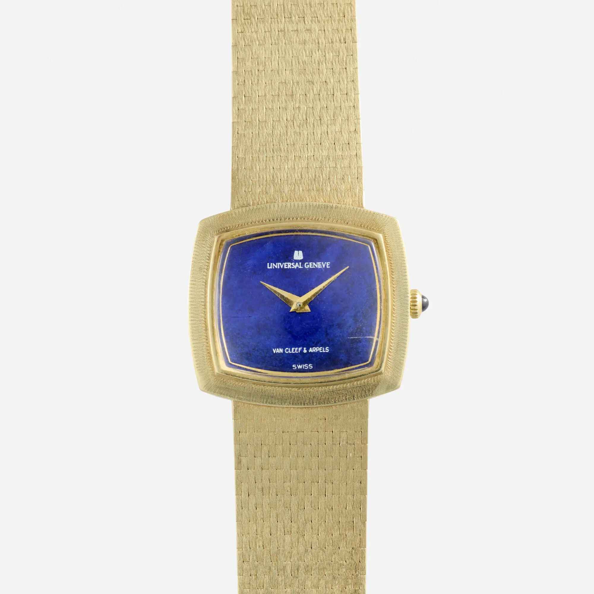 Vintage double-signed Universal Genève for Van Cleef & Arpels 14k yellow gold manual-wind bracelet watch with a violetish-blue lapis lazuli stone dial and sword hands.