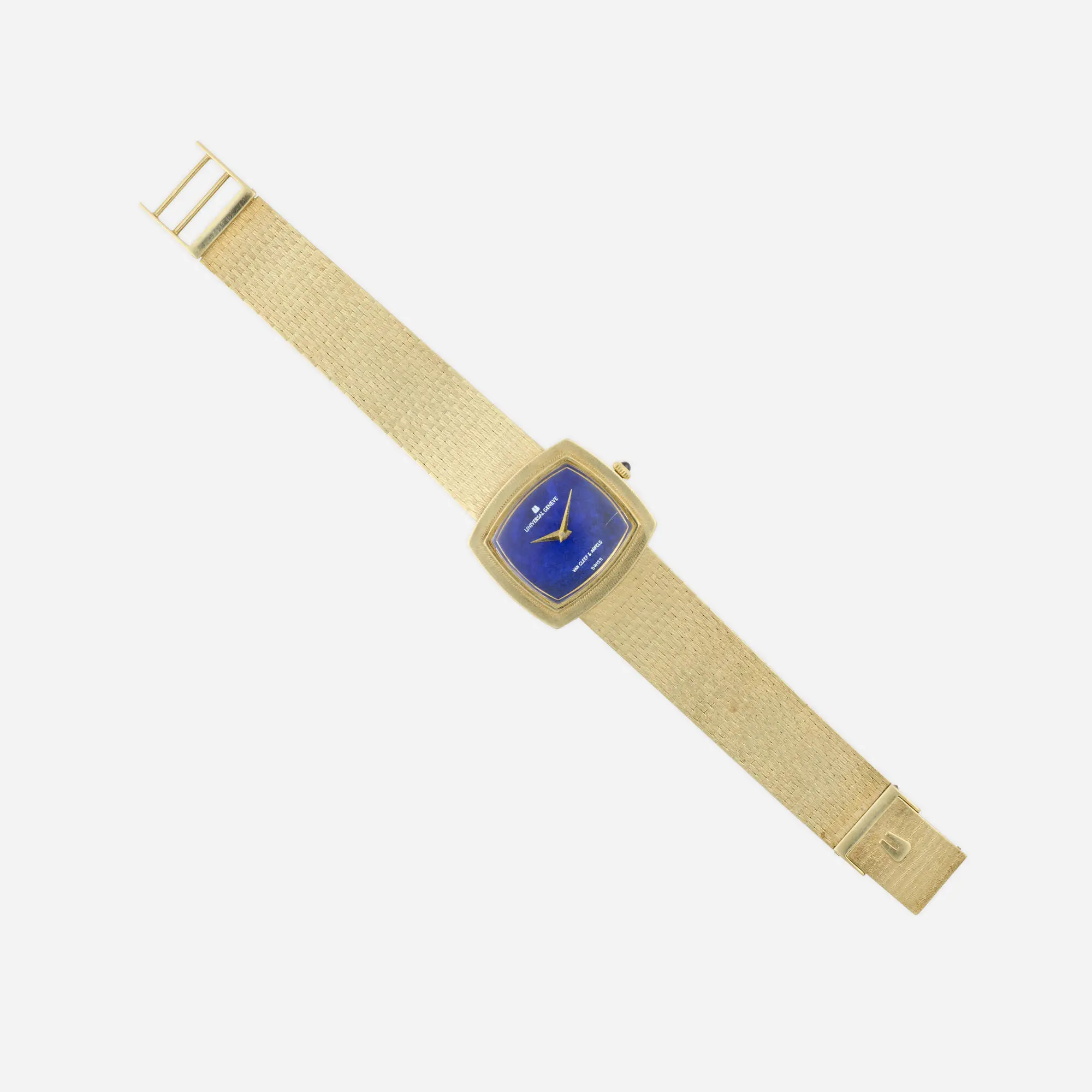 Vintage double-signed Universal Genève for Van Cleef & Arpels 14k yellow gold manual-wind bracelet watch with a violetish-blue lapis lazuli stone dial and sword hands.