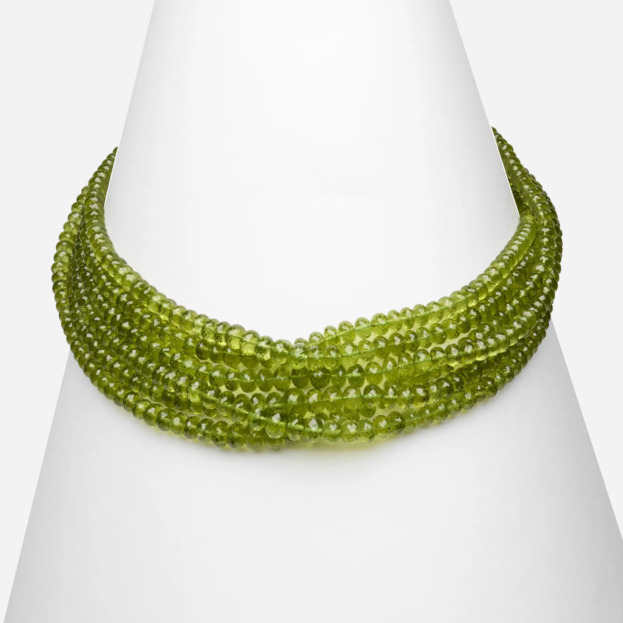 High-luxury six-strand faceted green peridot bead necklace with an 18k yellow gold hook clasp capped with round brilliant-cut diamonds.