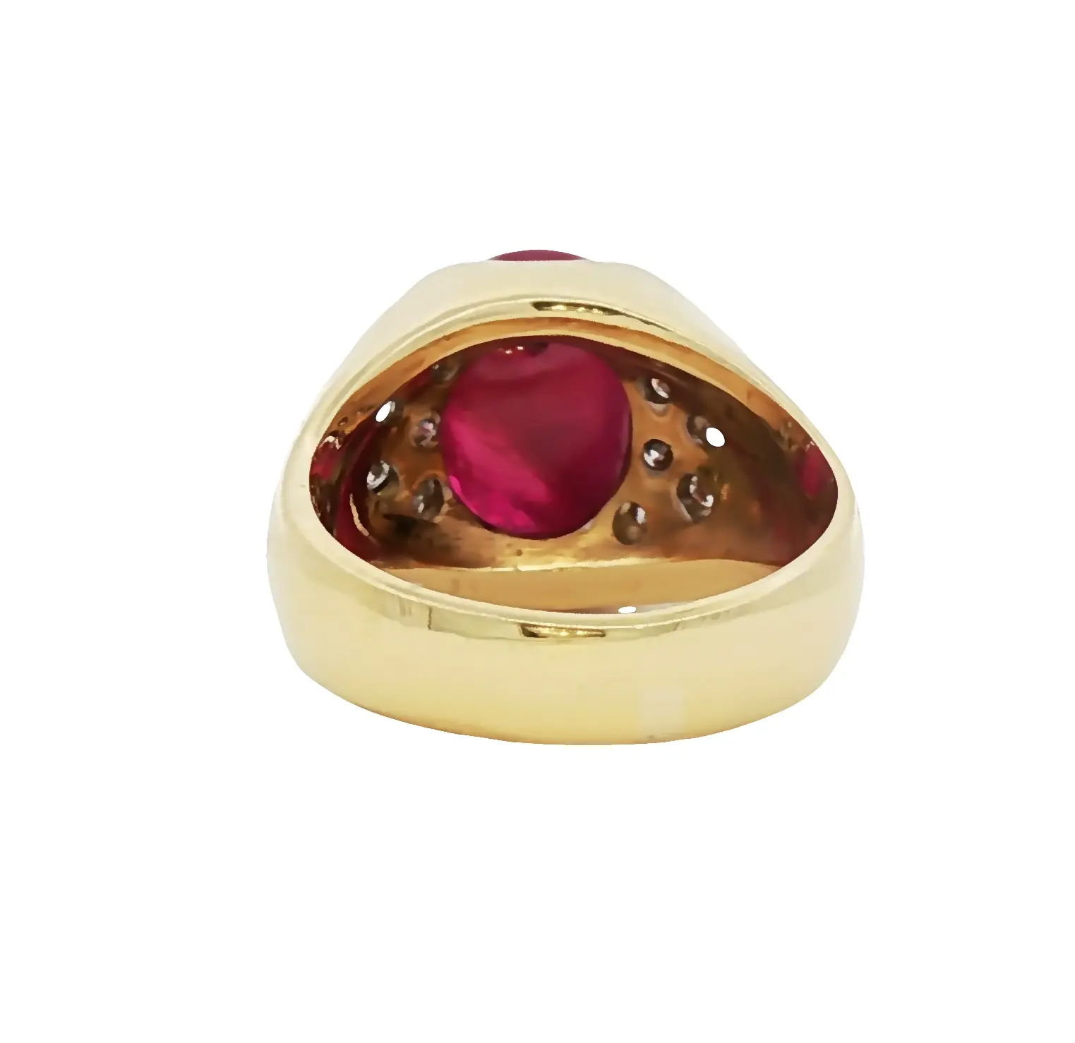 Luxury 18k yellow gold ring with 12.28 carat natural Burmese ruby cabochon, mid-century design, GIA certified