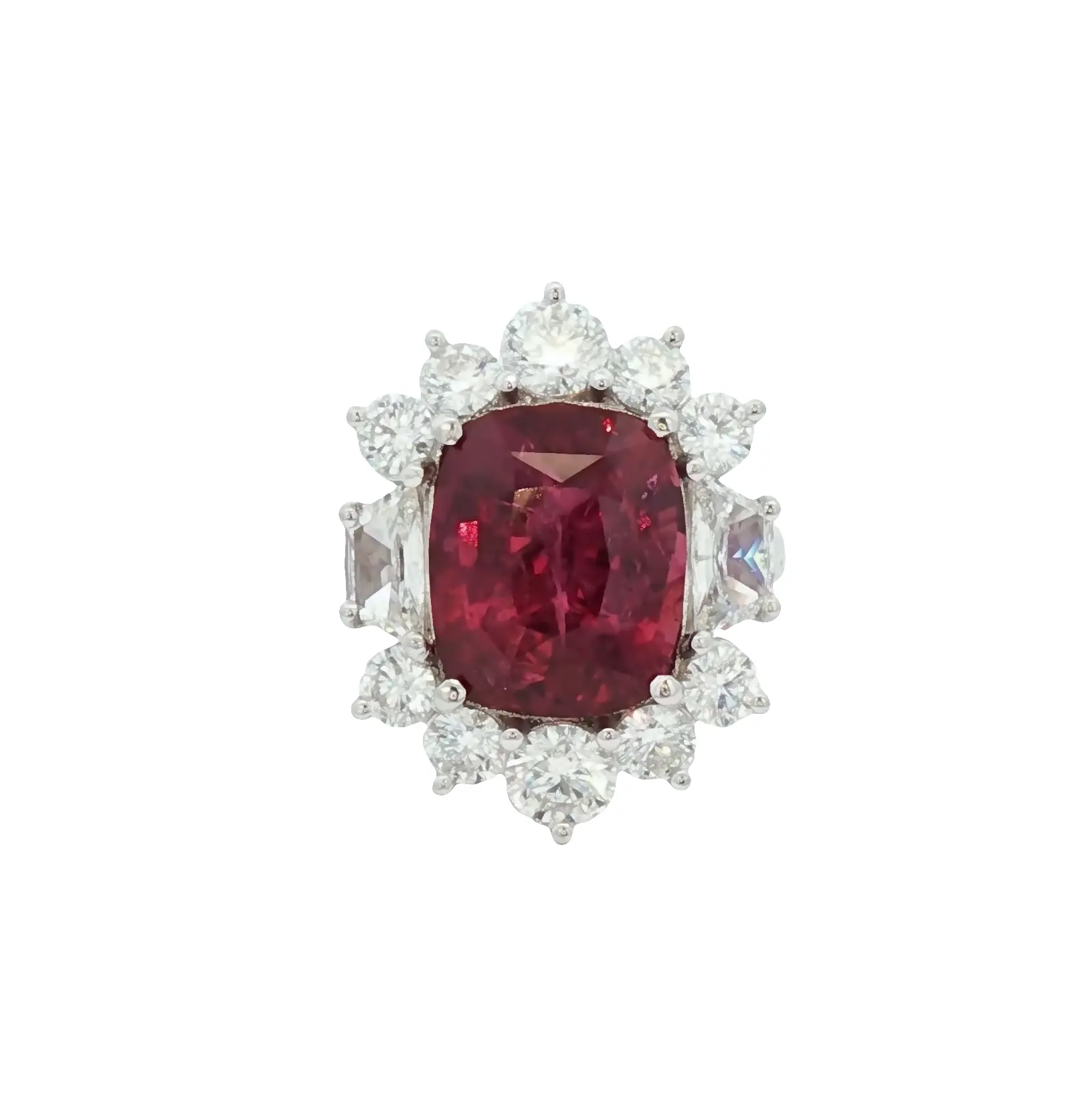 Exceptional 9.38 carat cushion-cut purplish-red natural ruby ring, East African origin, untreated no-heat ruby with diamond accents in white metal setting.”