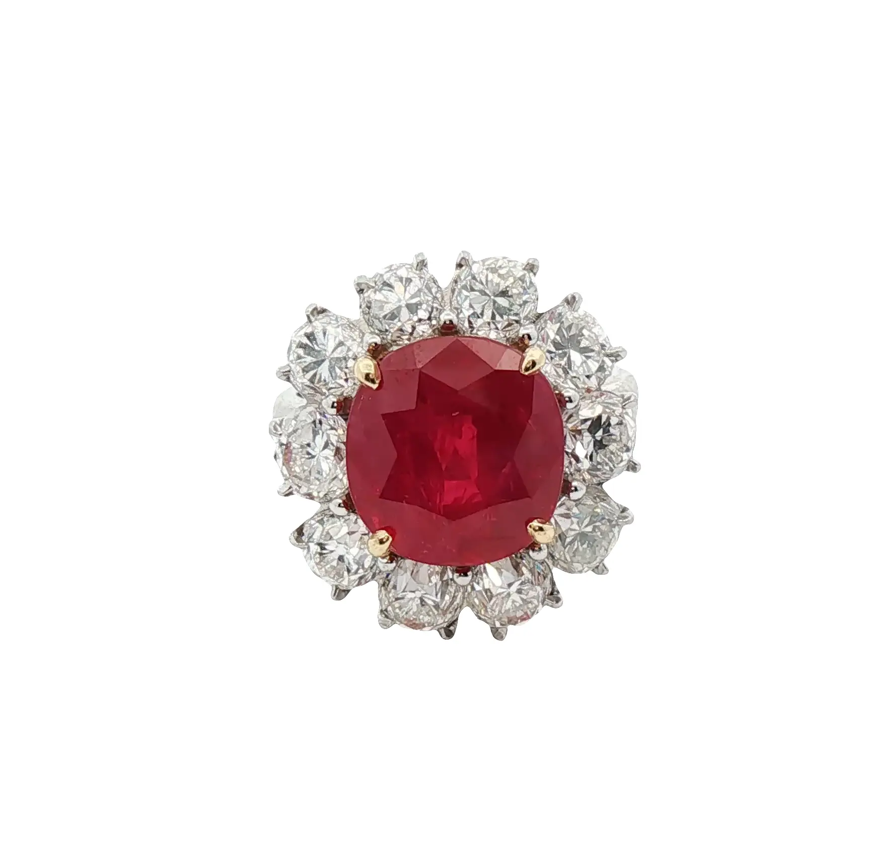 6.43 carat no-heat Tajikistan ruby cushion-cut ring with diamonds in platinum