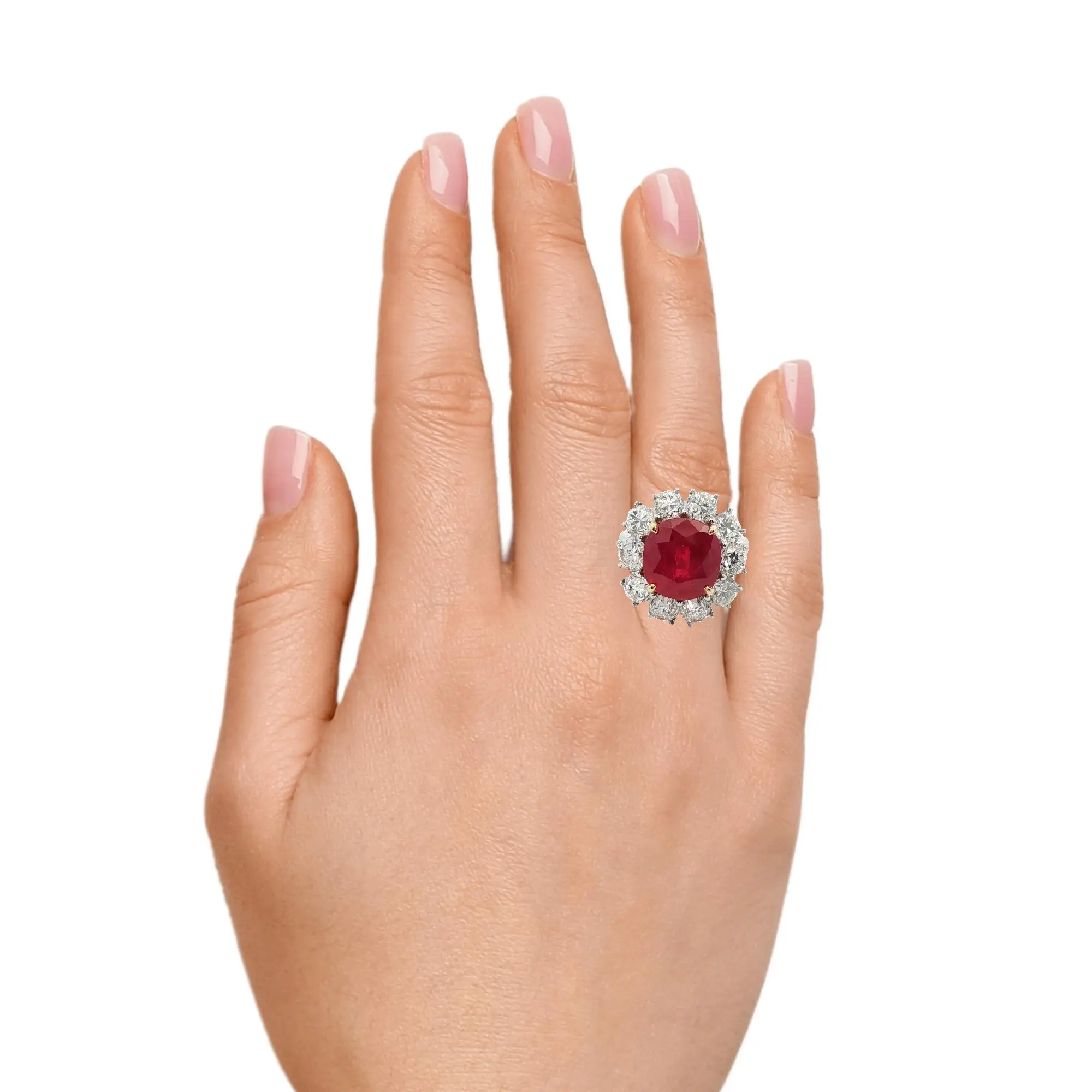 6.43 carat no-heat Tajikistan ruby cushion-cut ring with diamonds in platinum