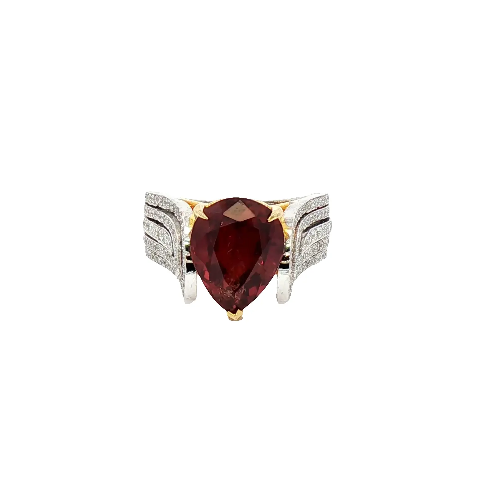 High-luxury pear-cut natural 6.24 ct no-heat ruby ring with diamond accents in 18K white gold
