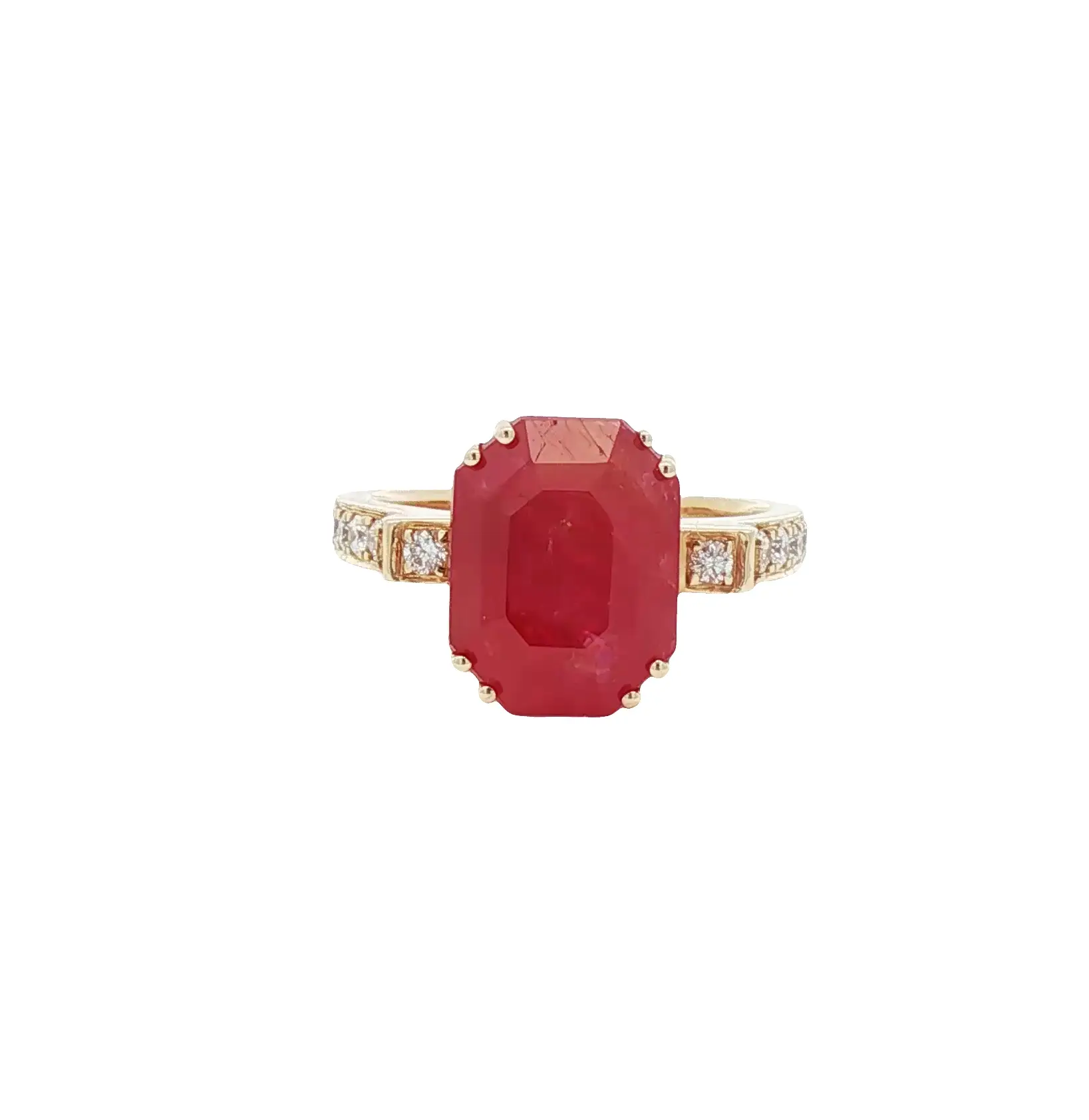 Luxury 8.34 carat emerald-cut natural no-heat ruby ring with diamond accents in 18K gold