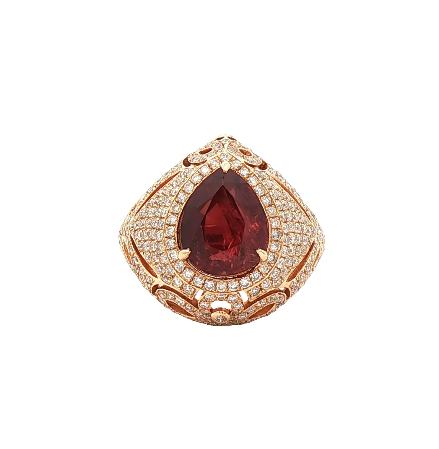 High-luxury 4.81-carat Mozambique no-heat pear-shaped ruby ring with diamonds in 18k yellow gold