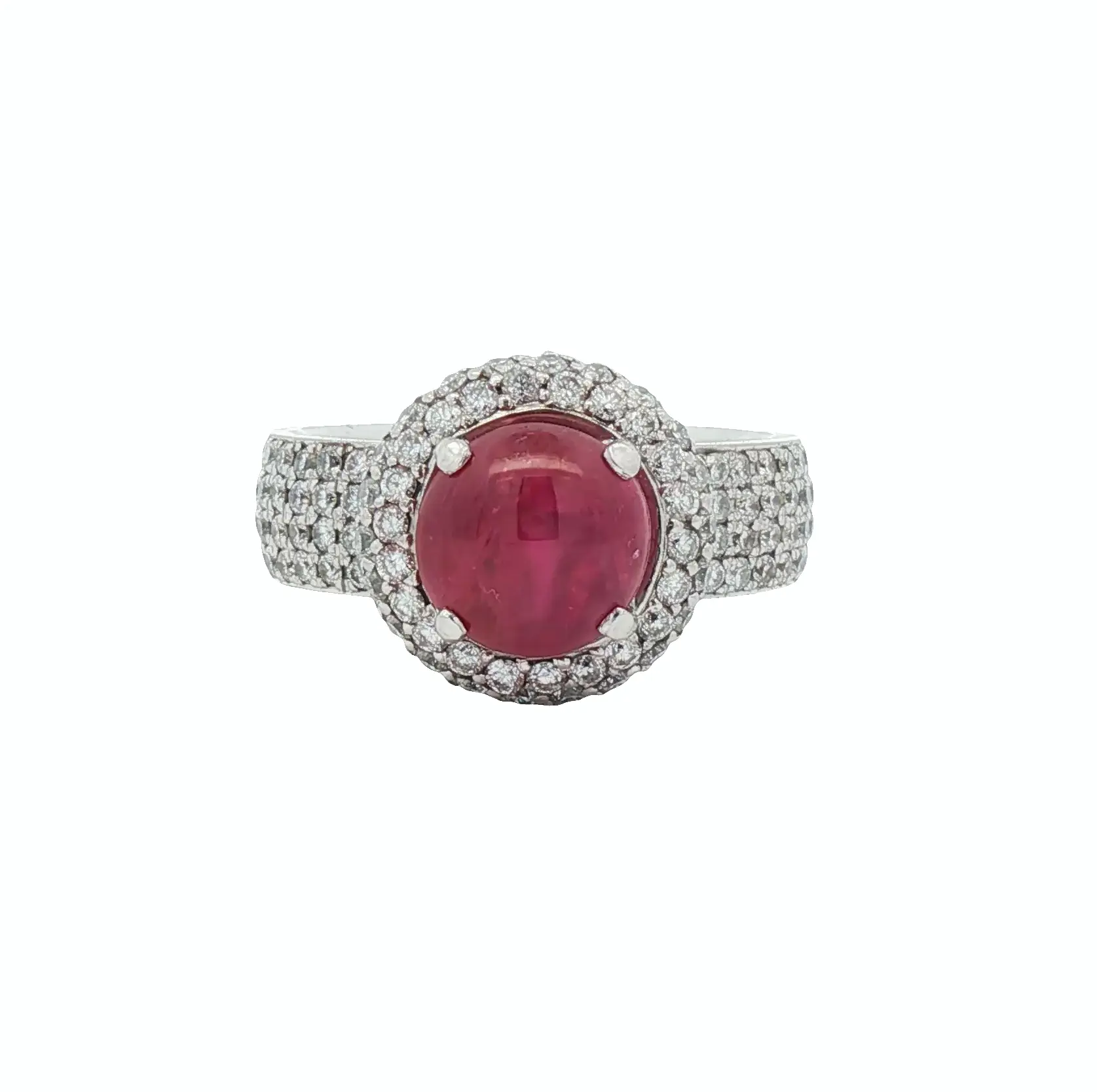 Luxury 6.06-carat Burmese no-heat ruby cabochon ring with 4.00 carats of brilliant-cut diamonds in platinum, C. Dunaigre certified