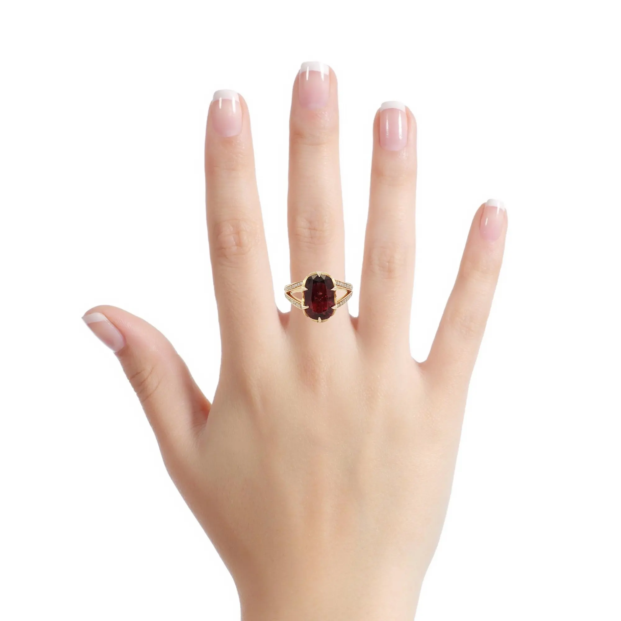 Luxury Burmese ruby cushion-cut ring, 4.69 carats, with diamond accents in 18k yellow gold.