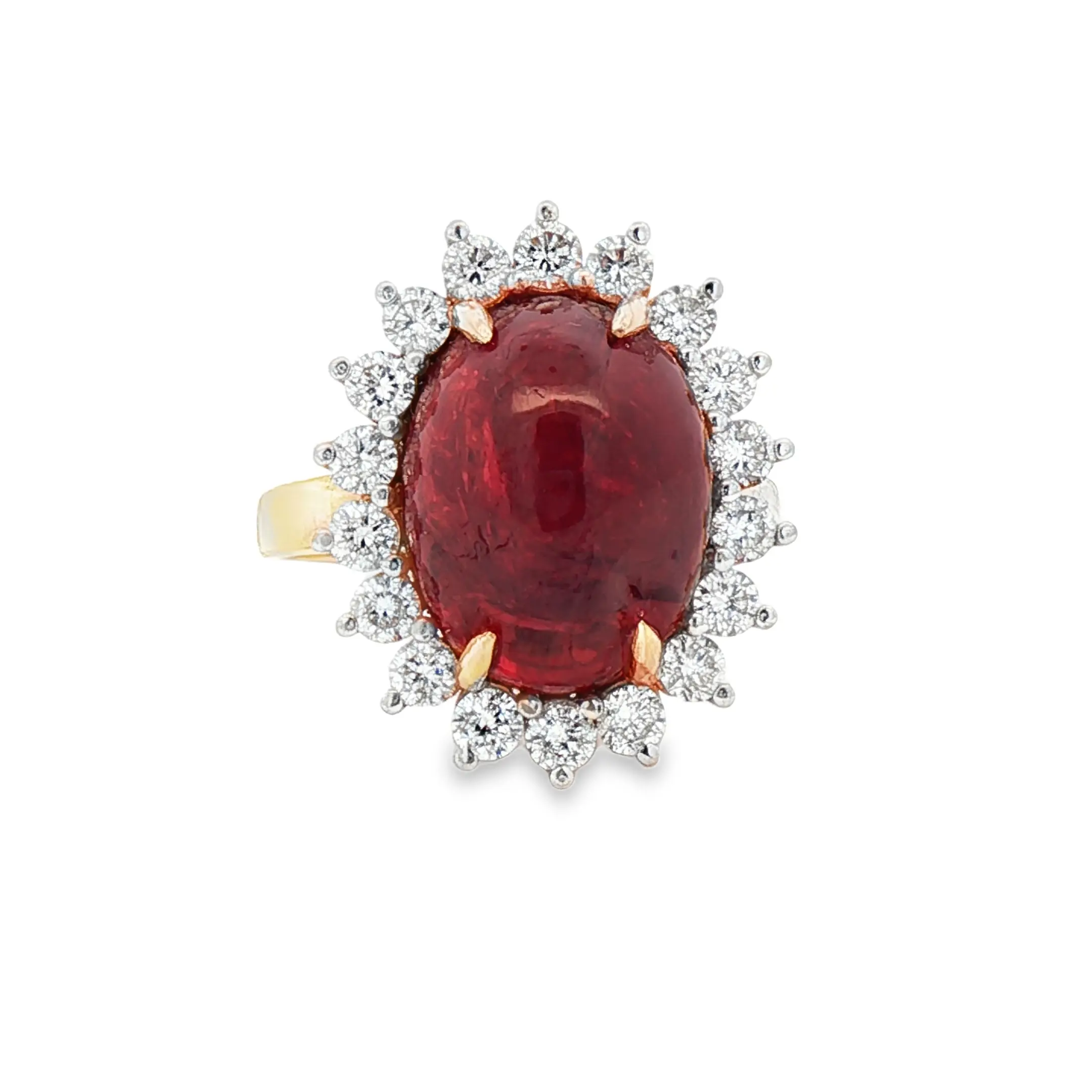 No-heat Tanzanian ruby cabochon 9.98 ct ring in 18k yellow gold with diamond accents, certified by C. Dunaigre