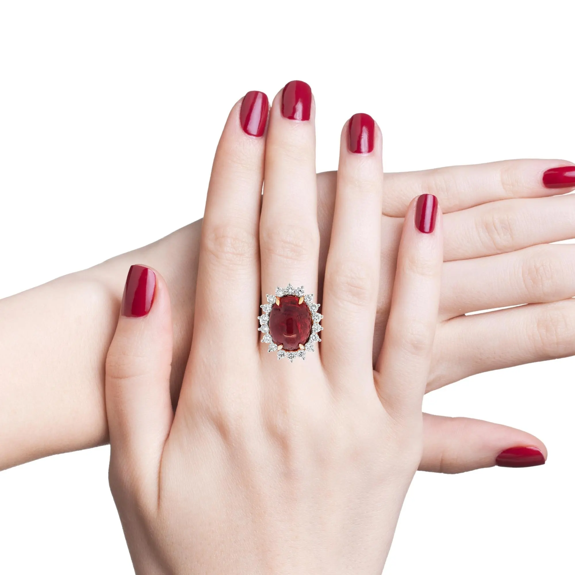 No-heat Tanzanian ruby cabochon 9.98 ct ring in 18k yellow gold with diamond accents, certified by C. Dunaigre