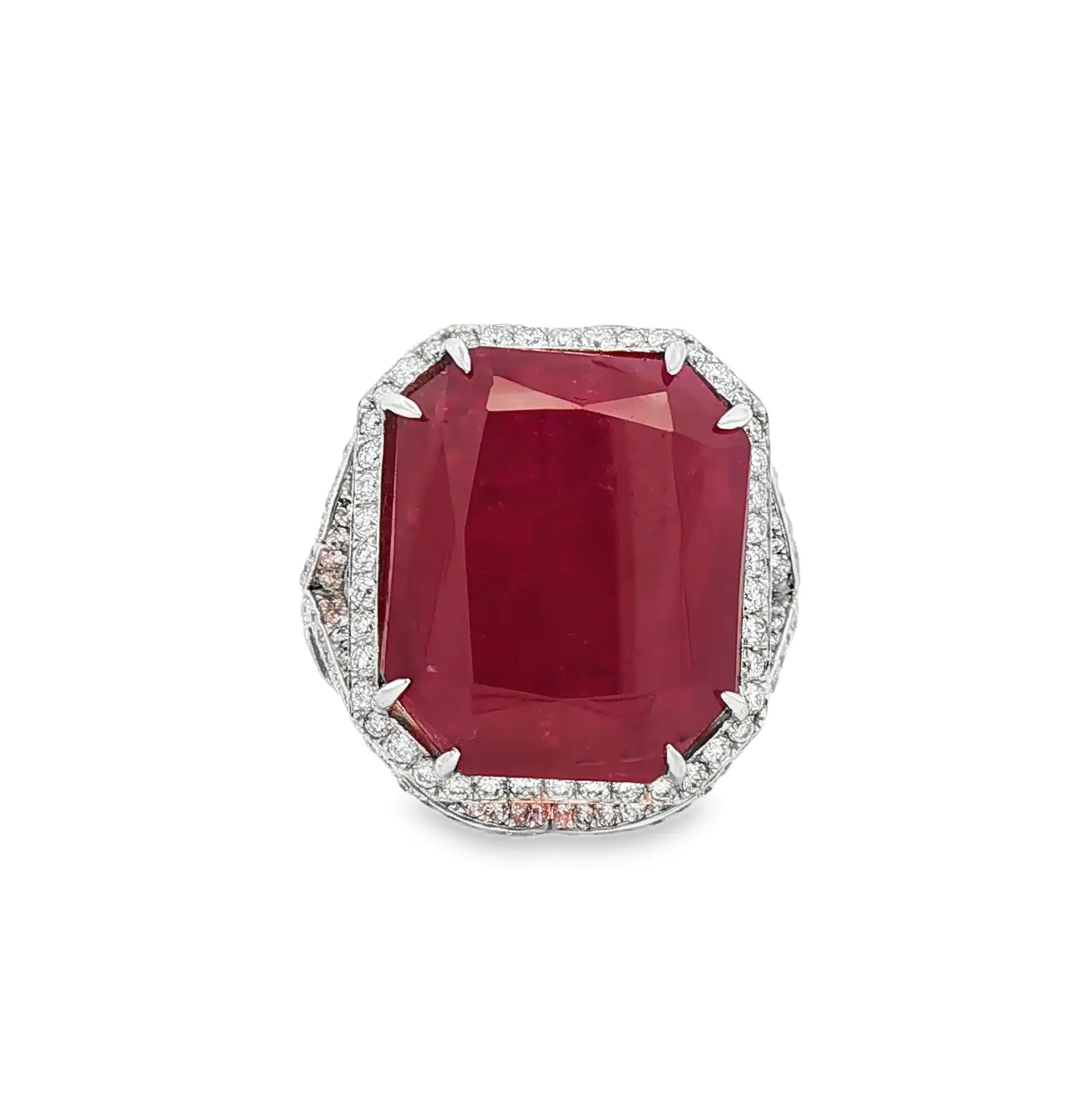 No-heat Mozambique ruby 17.27 ct octagonal brilliant cut ring in 18k white gold with 4.00 ct diamonds, certified by C. Dunaigre and GIA