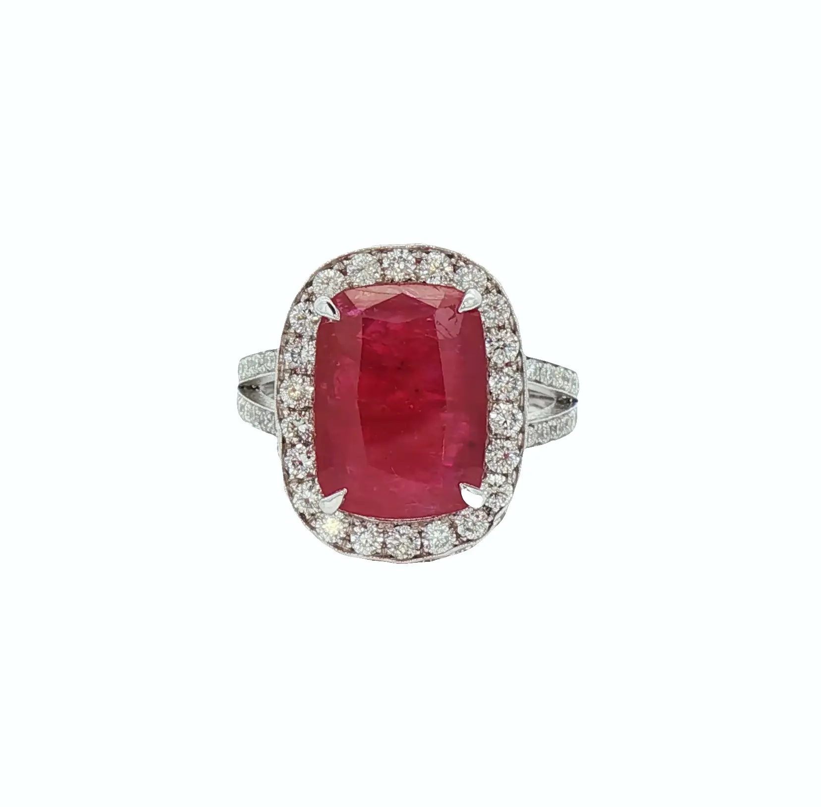 Platinum ring with 5.30 ct no-heat cushion-cut Mozambique ruby and 4.05 ct diamonds, certified by C. Dunaigre