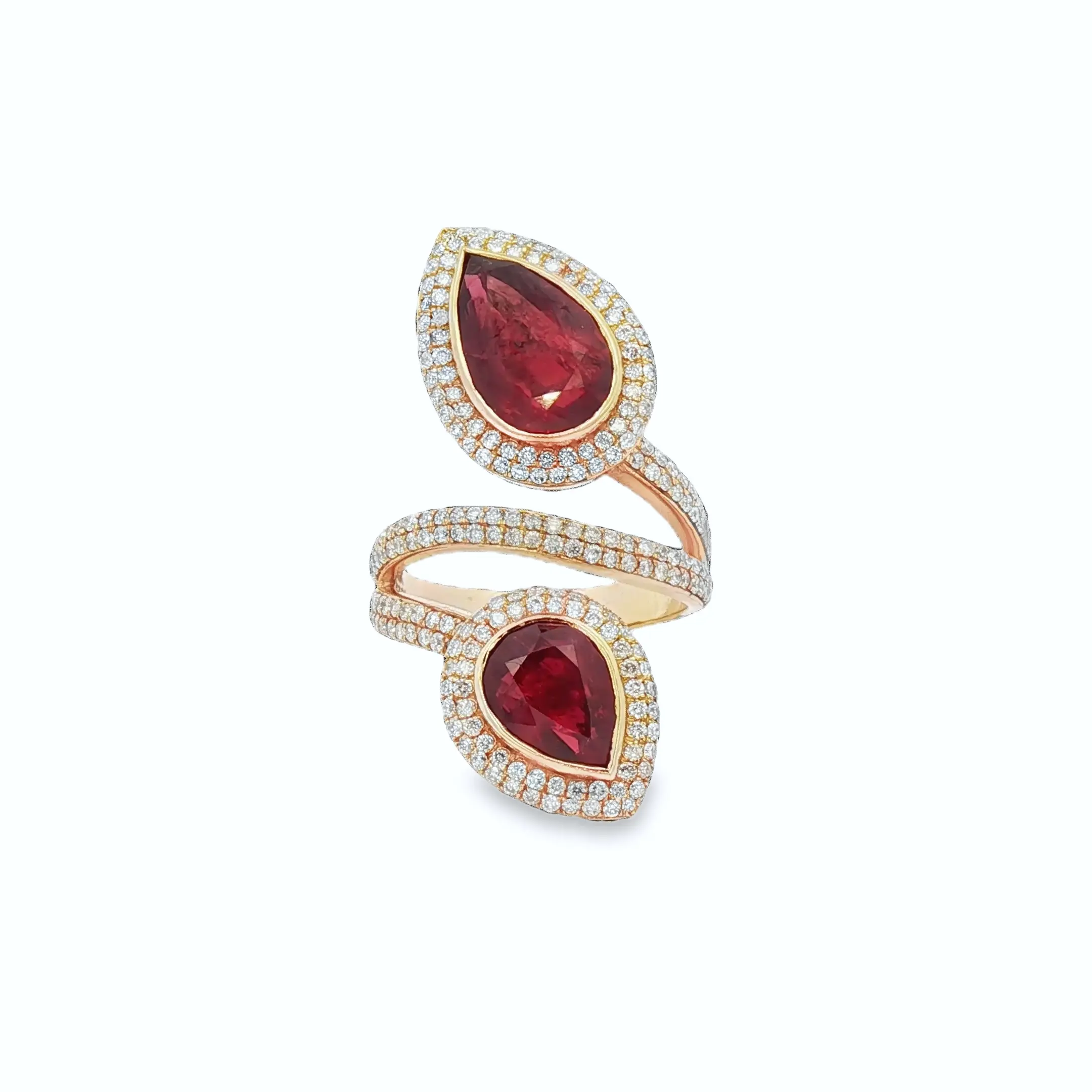 18K yellow rose gold ring with 7.21 ct no-heat pear-shaped ruby and 1.21 ct diamonds, luxury high jewelry design