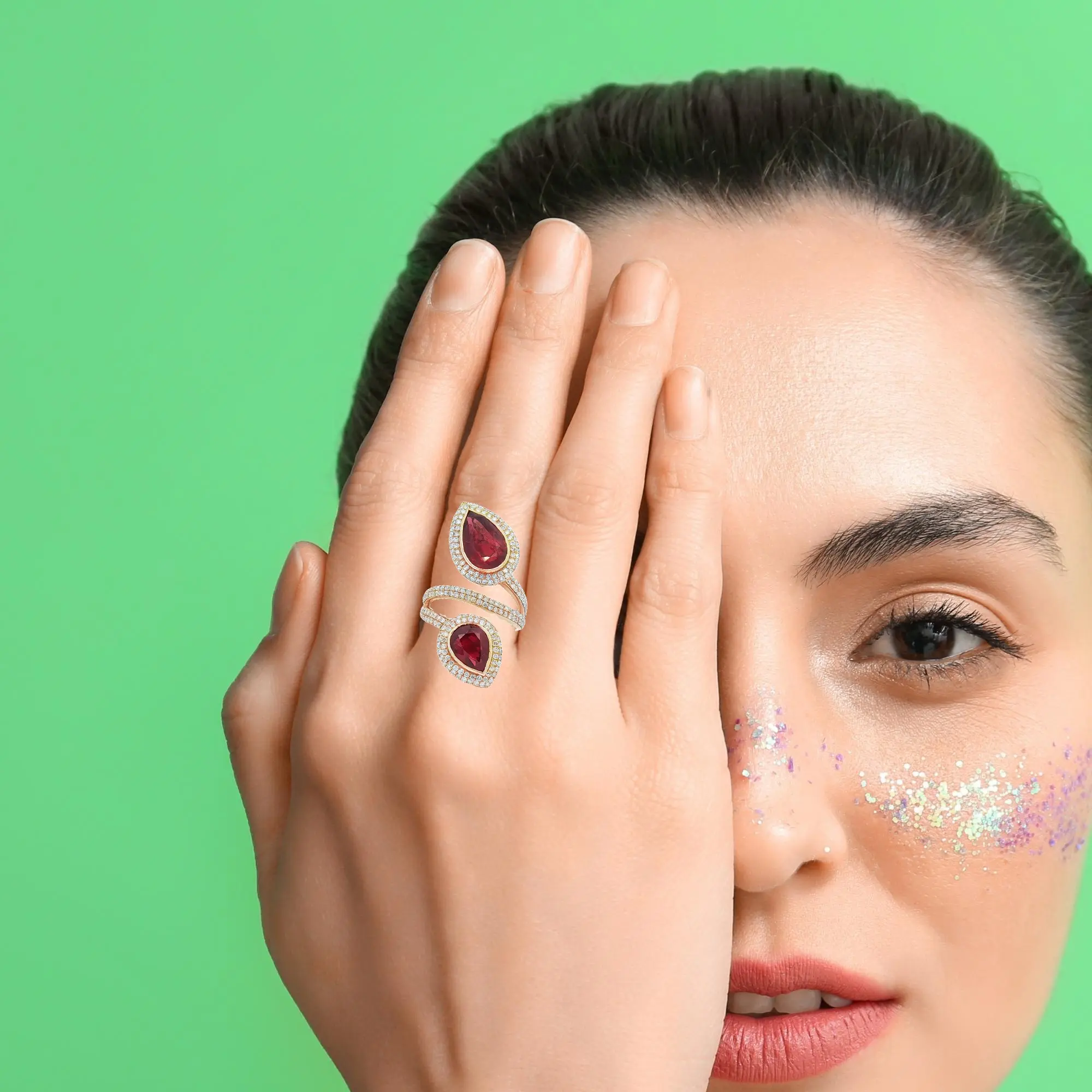 18K yellow rose gold ring with 7.21 ct no-heat pear-shaped ruby and 1.21 ct diamonds, luxury high jewelry design