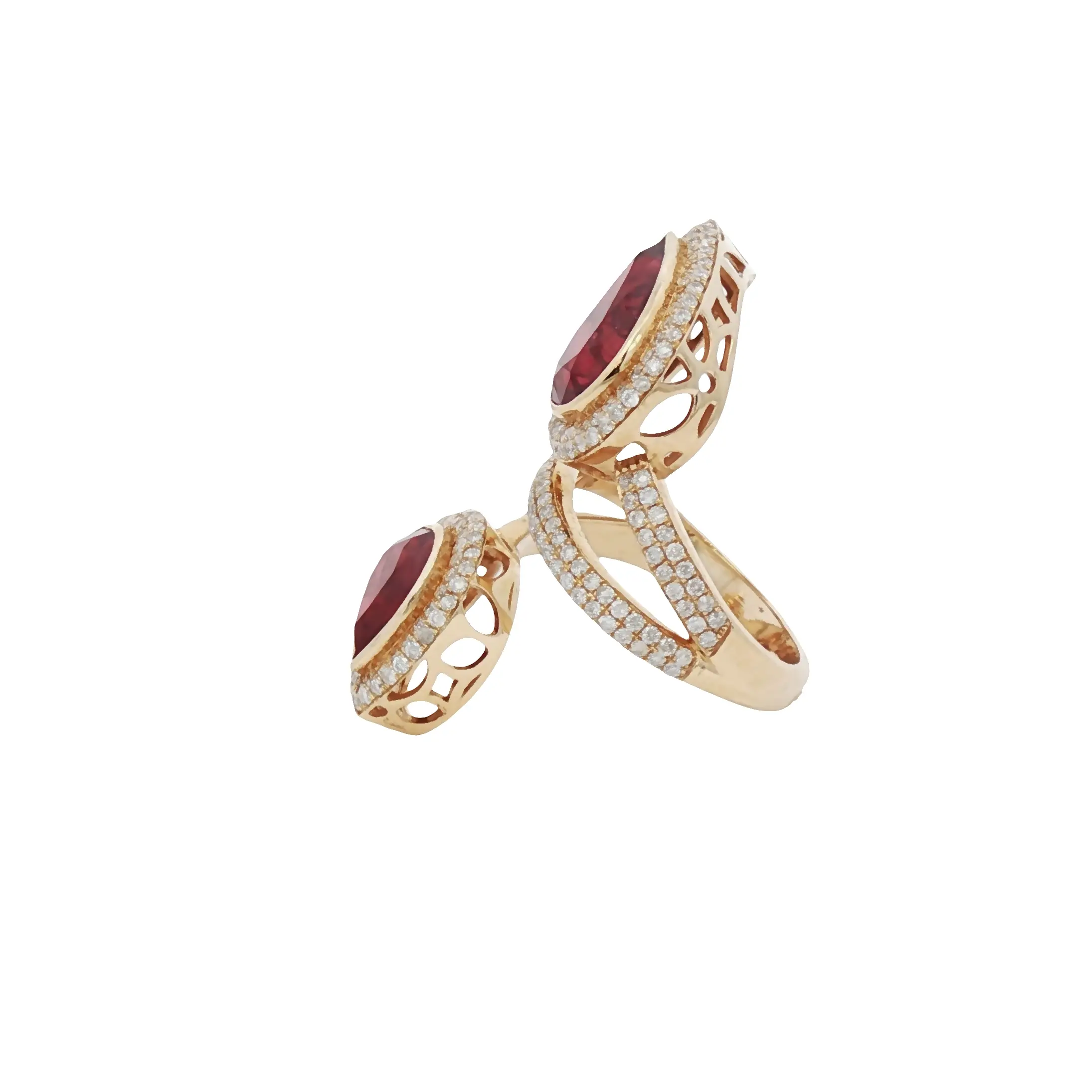 18K yellow rose gold ring with 7.21 ct no-heat pear-shaped ruby and 1.21 ct diamonds, luxury high jewelry design