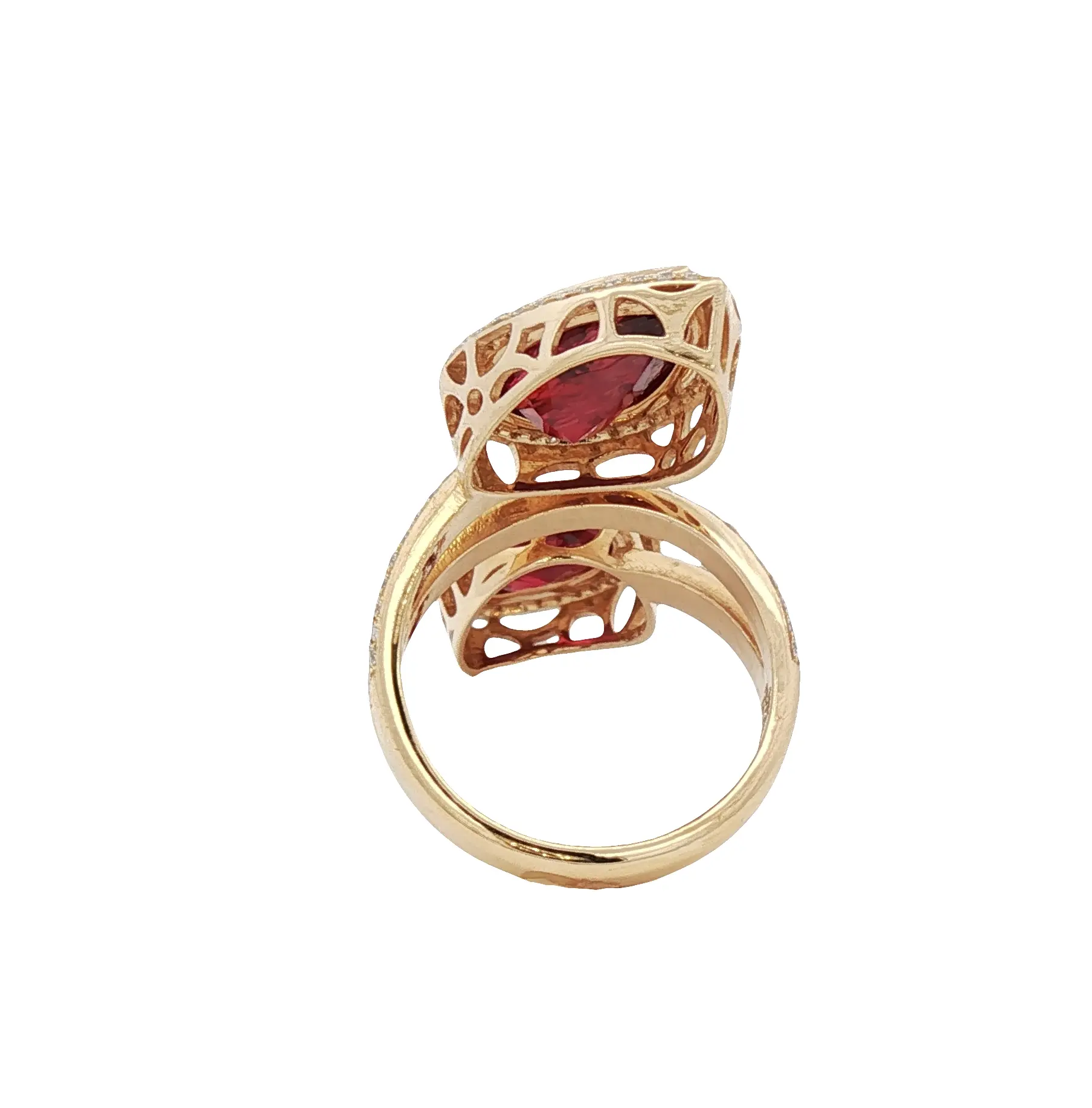 18K yellow rose gold ring with 7.21 ct no-heat pear-shaped ruby and 1.21 ct diamonds, luxury high jewelry design