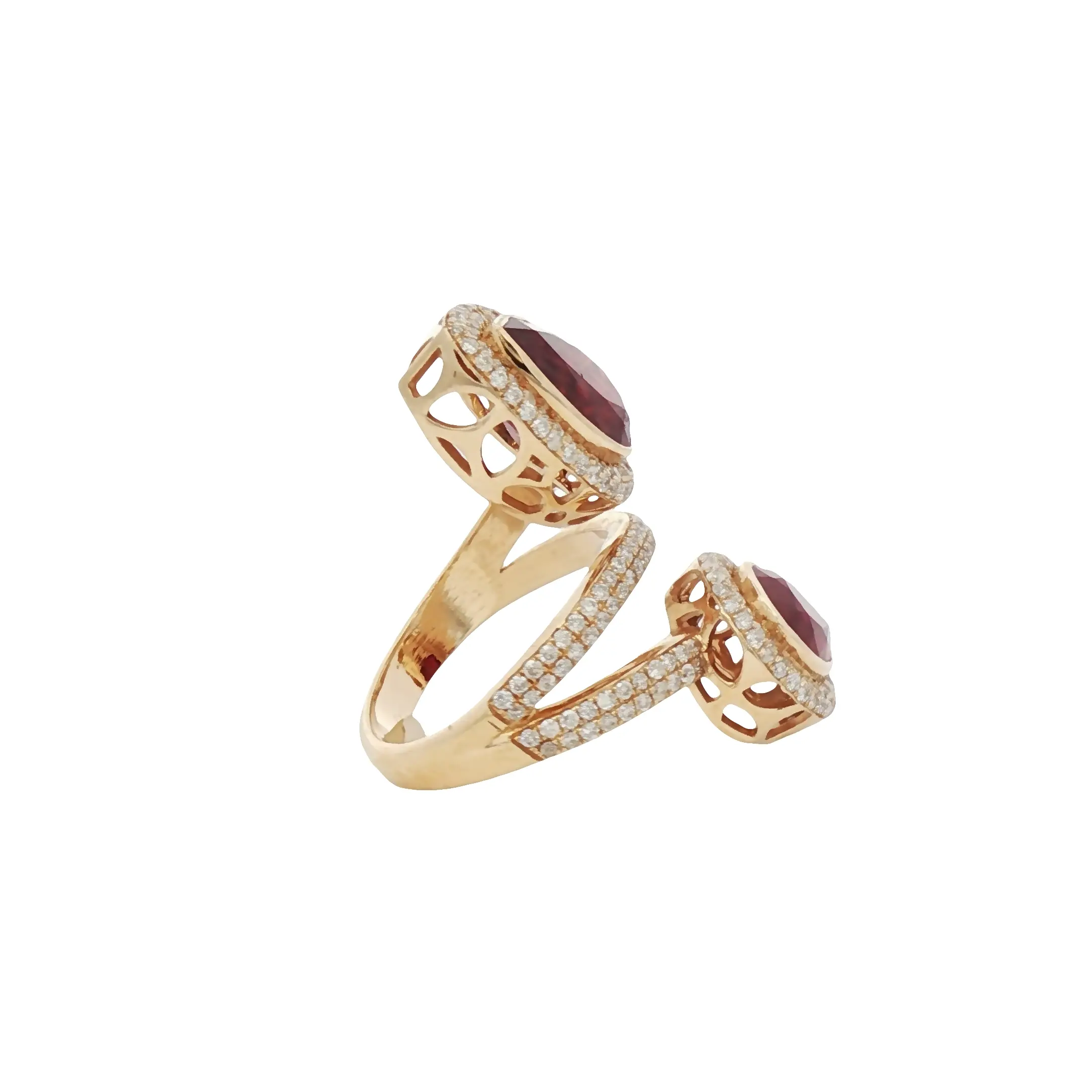 18K yellow rose gold ring with 7.21 ct no-heat pear-shaped ruby and 1.21 ct diamonds, luxury high jewelry design