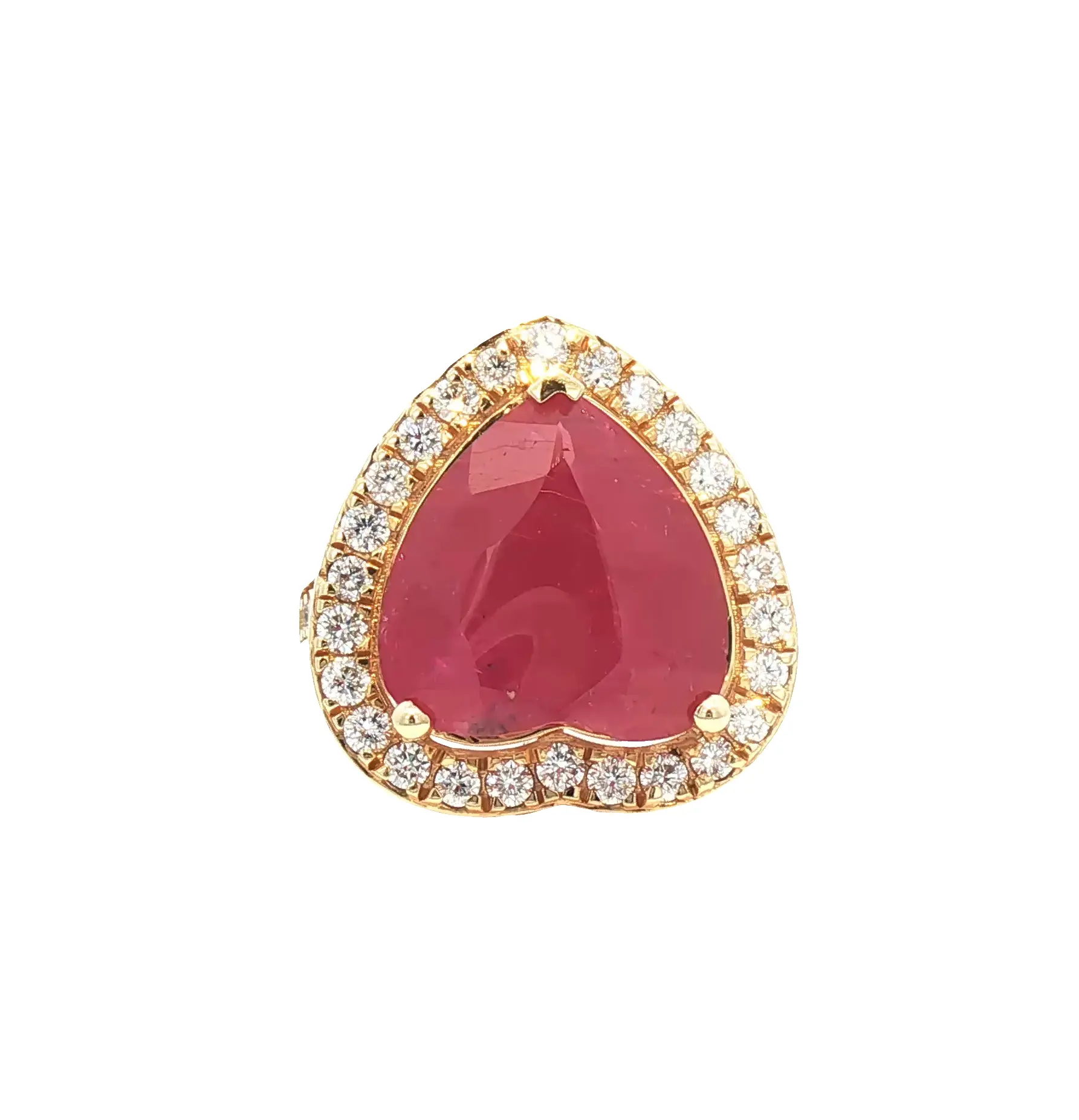 18K yellow gold ring with 11.57 ct natural no-heat heart-shaped ruby and 1.06 ct diamonds, luxury jewelry design