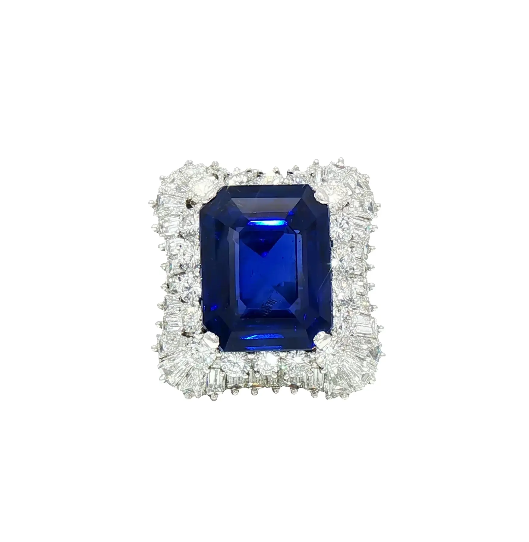 16.75 Carat Natural No-Heat Ceylon Blue Sapphire Emerald-Cut Ring in 18K White Gold with Diamond Accents