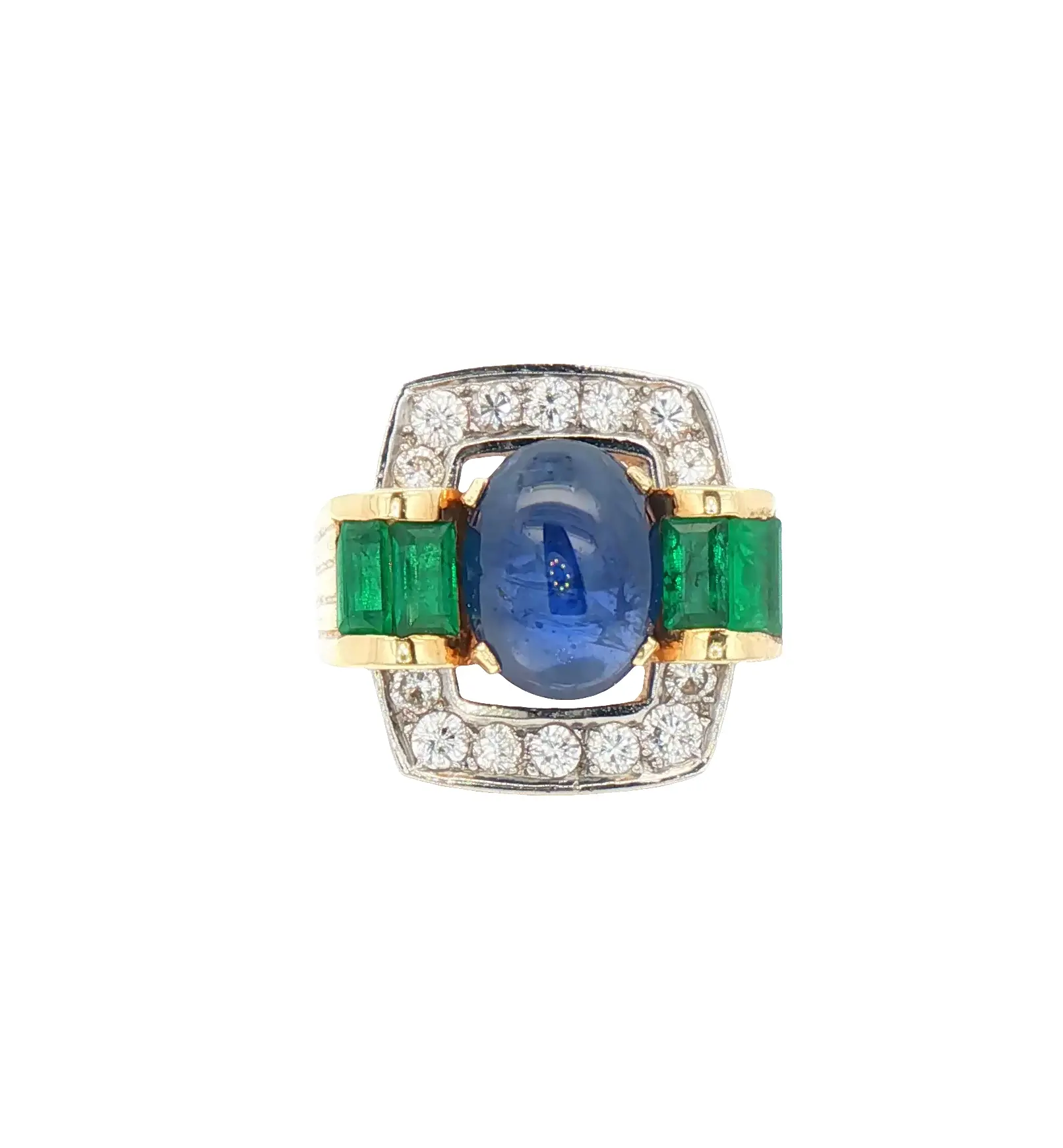 High-luxury Burmese 4.35 ct no-heat blue sapphire cabochon ring in 18K yellow gold with diamond accents