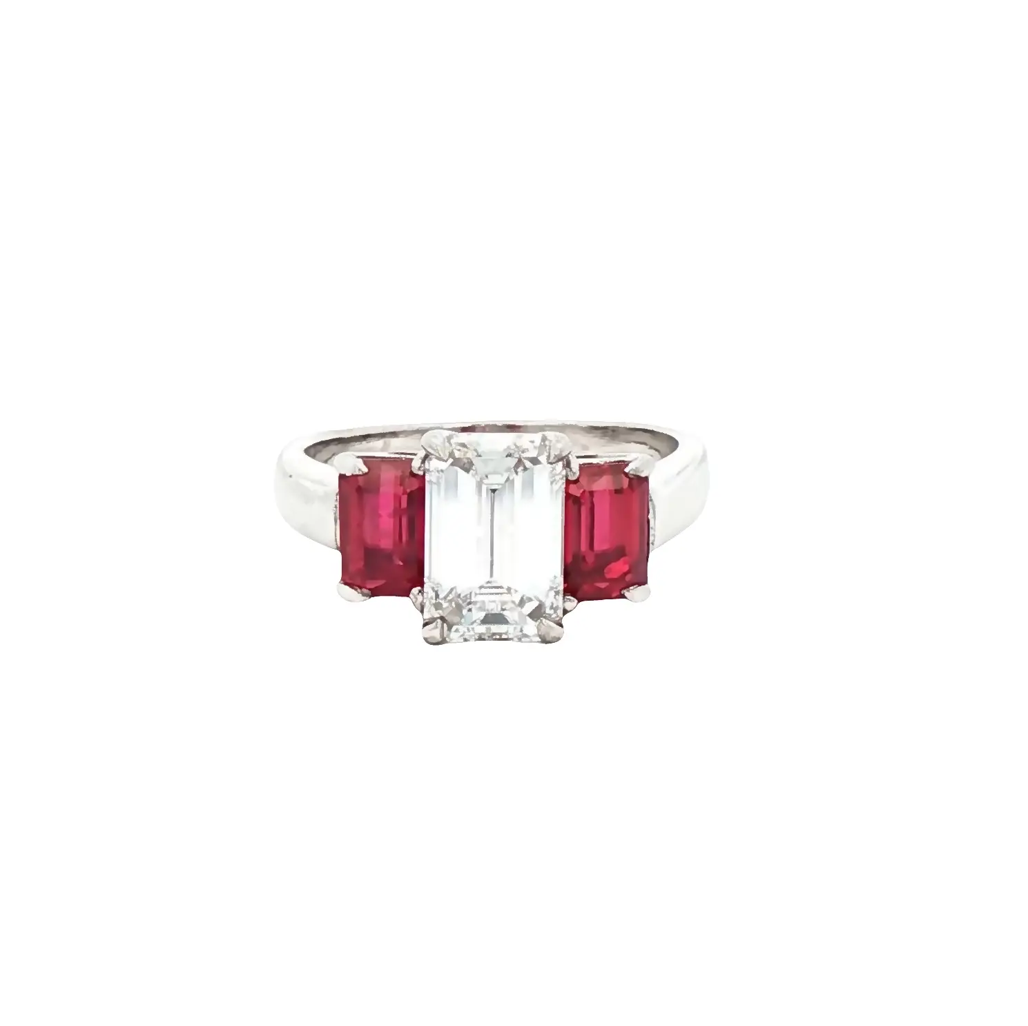 Platinum ring with a 1.65 ct GIA certified D VS1 emerald-cut diamond flanked by 2.85 ct emerald-cut rubies