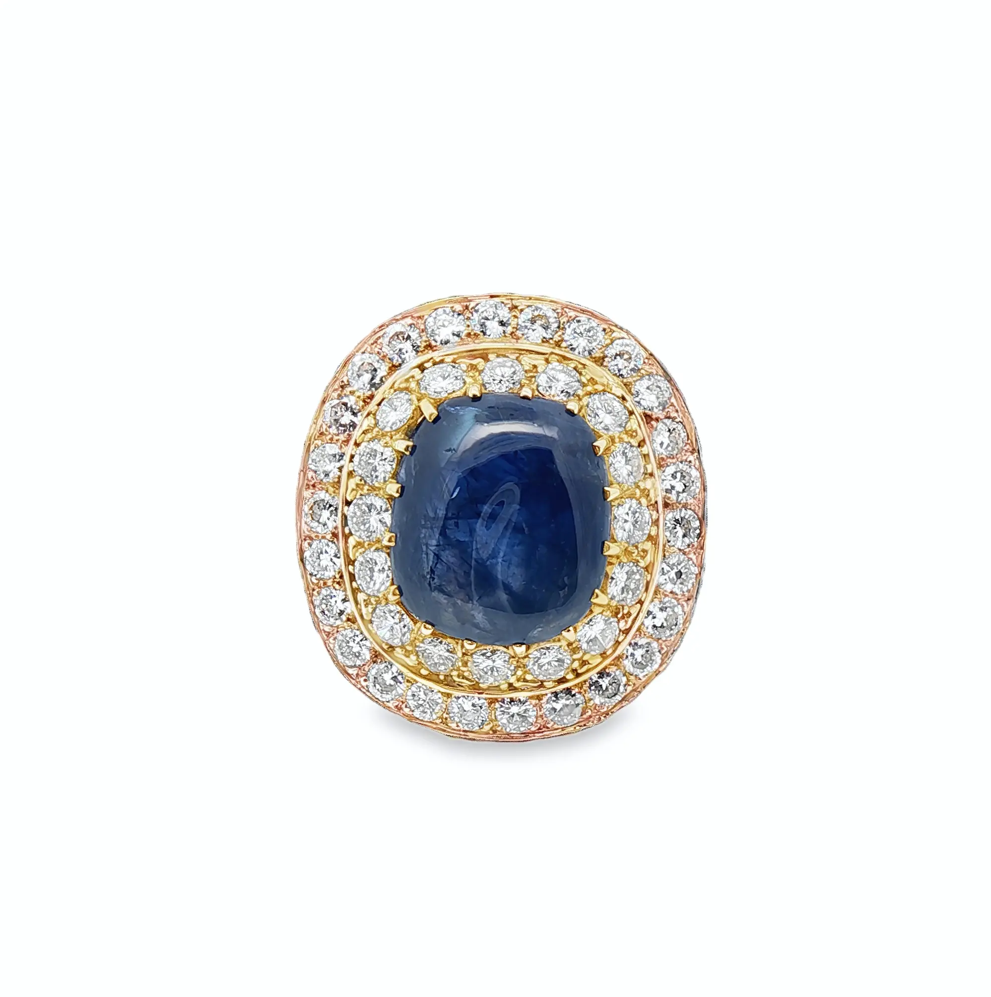 Cushion-cut 19.49 carat no-heat Burmese blue sapphire with diamond accents in 18K yellow gold ring