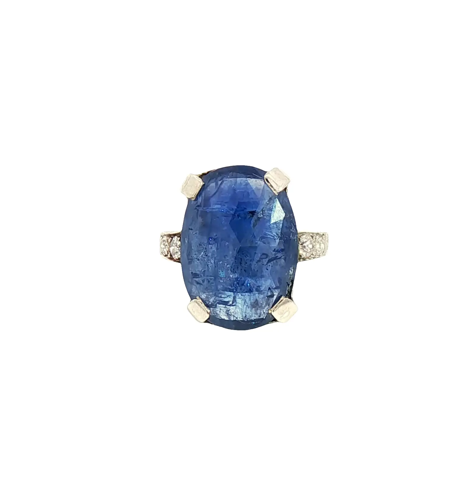 Cushion-shaped 9.00 carat no-heat Burmese blue sapphire, rose-cut, set in 18K white gold with diamond accents