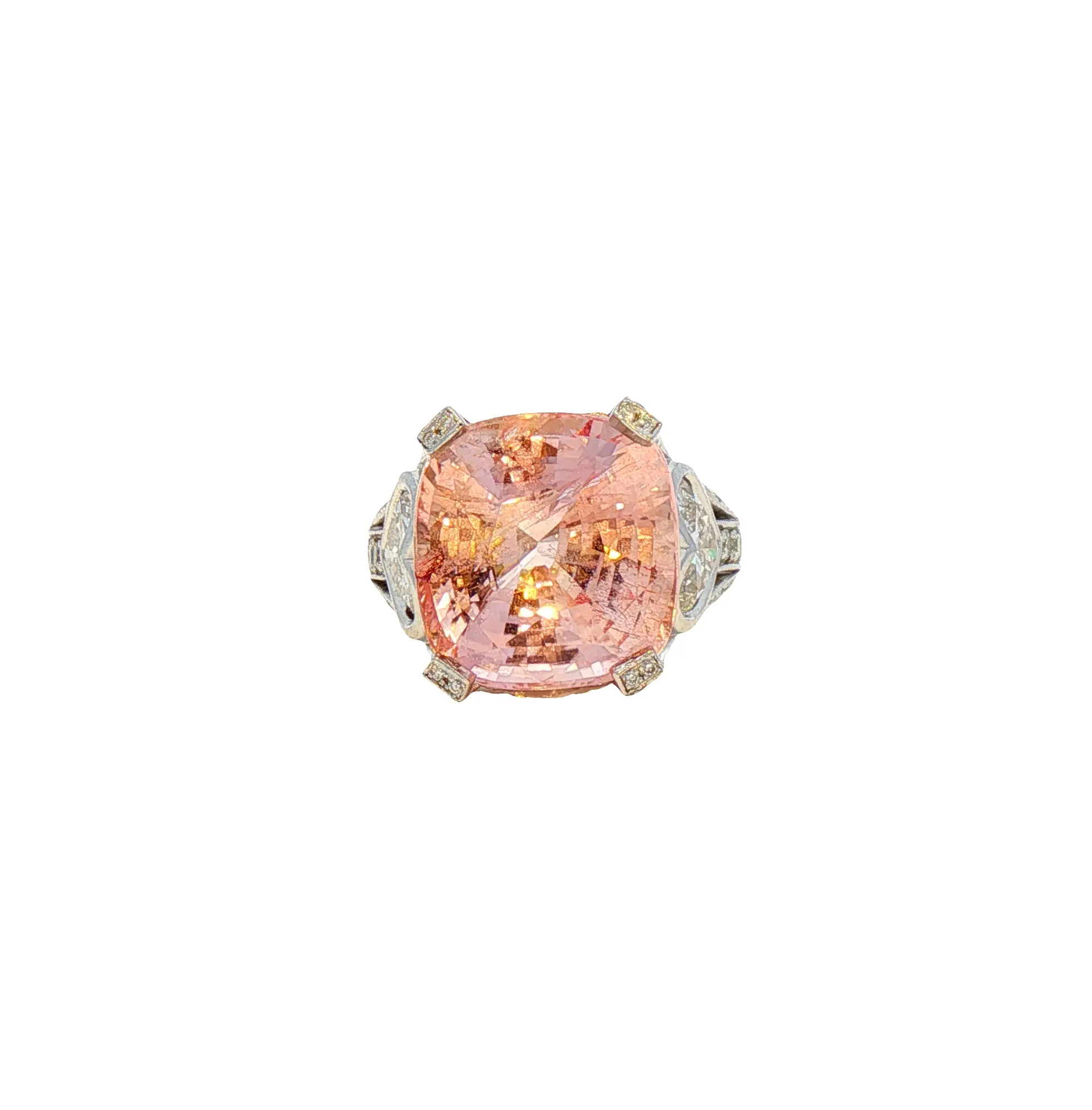 Square cushion-cut 15.26 carat no-heat Padparadscha sapphire from Madagascar, platinum ring with diamond accents