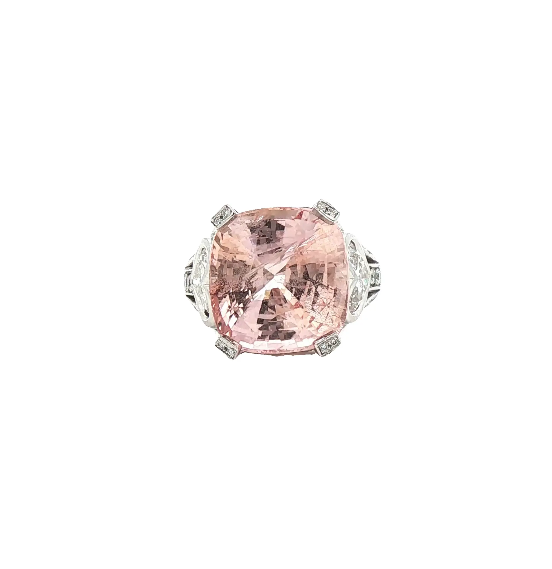 Square cushion-cut 15.26 carat no-heat Padparadscha sapphire from Madagascar, platinum ring with diamond accents