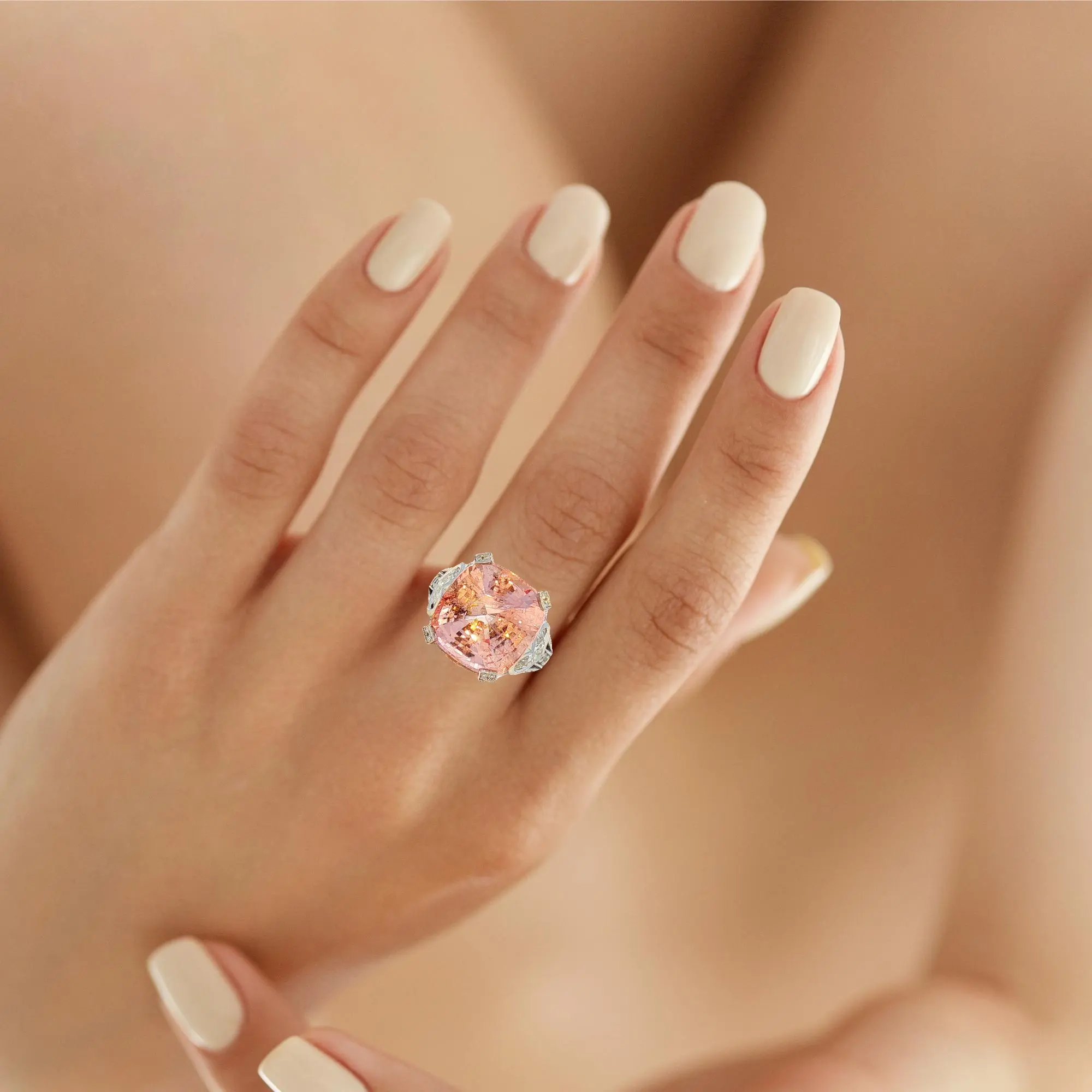 Square cushion-cut 15.26 carat no-heat Padparadscha sapphire from Madagascar, platinum ring with diamond accents