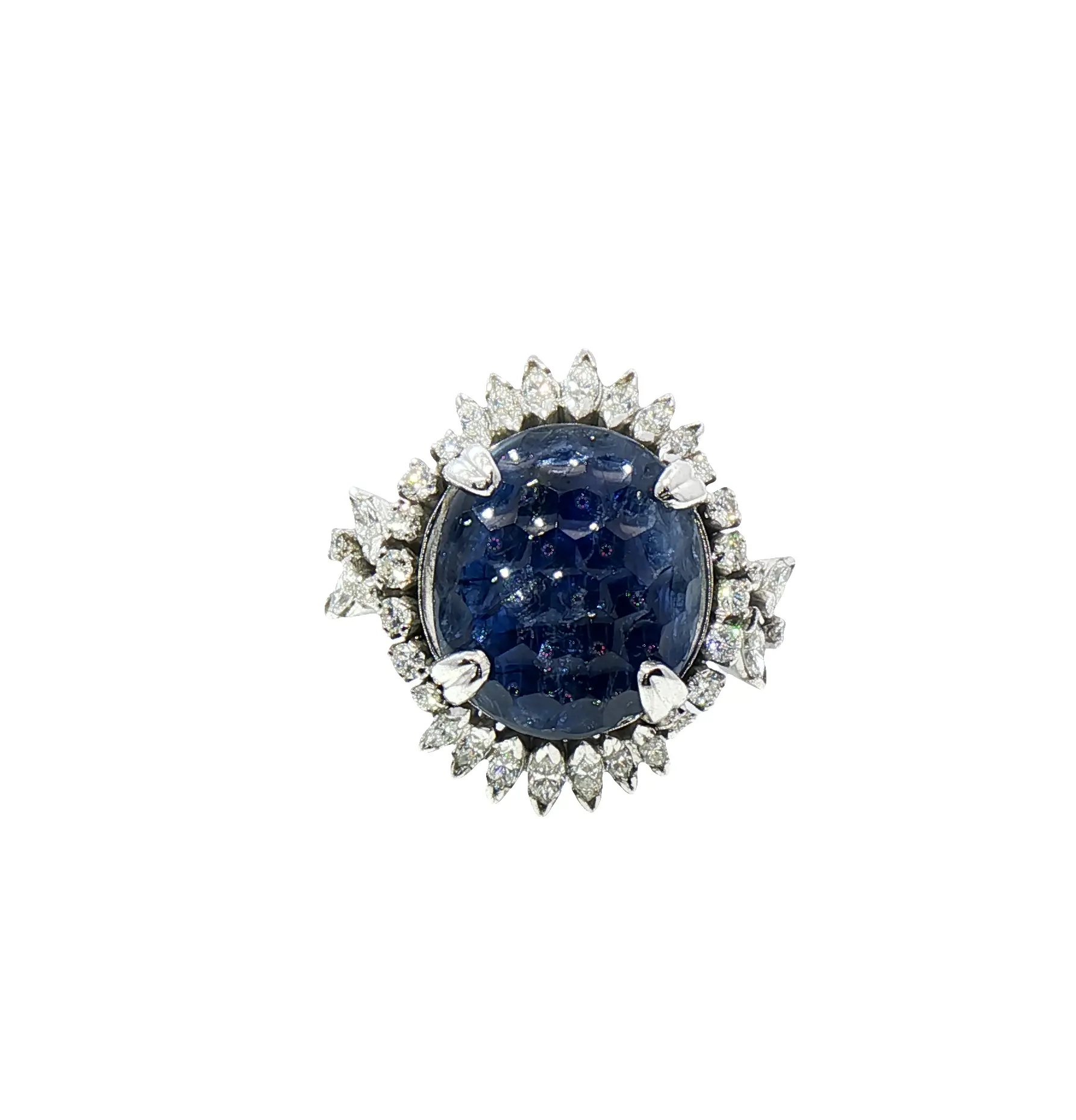 12 carat Burmese no-heat blue sapphire carved oval platinum ring with diamonds, certified by C. Dunaigre