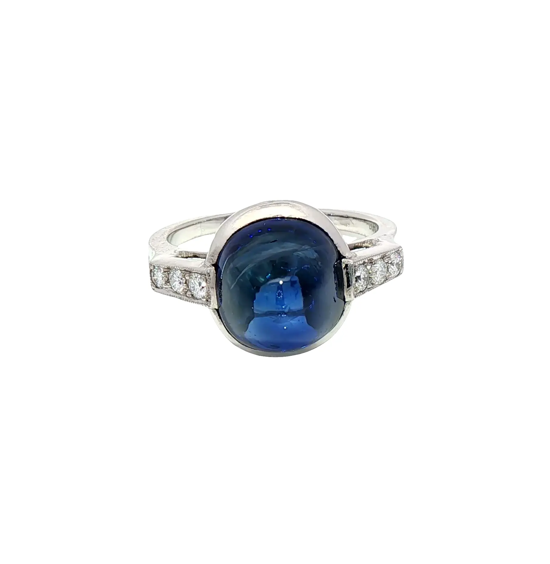 Platinum ring featuring a 9.92 carat Burmese no-heat cushion sapphire with diamond accents, certified by AGL & GIA