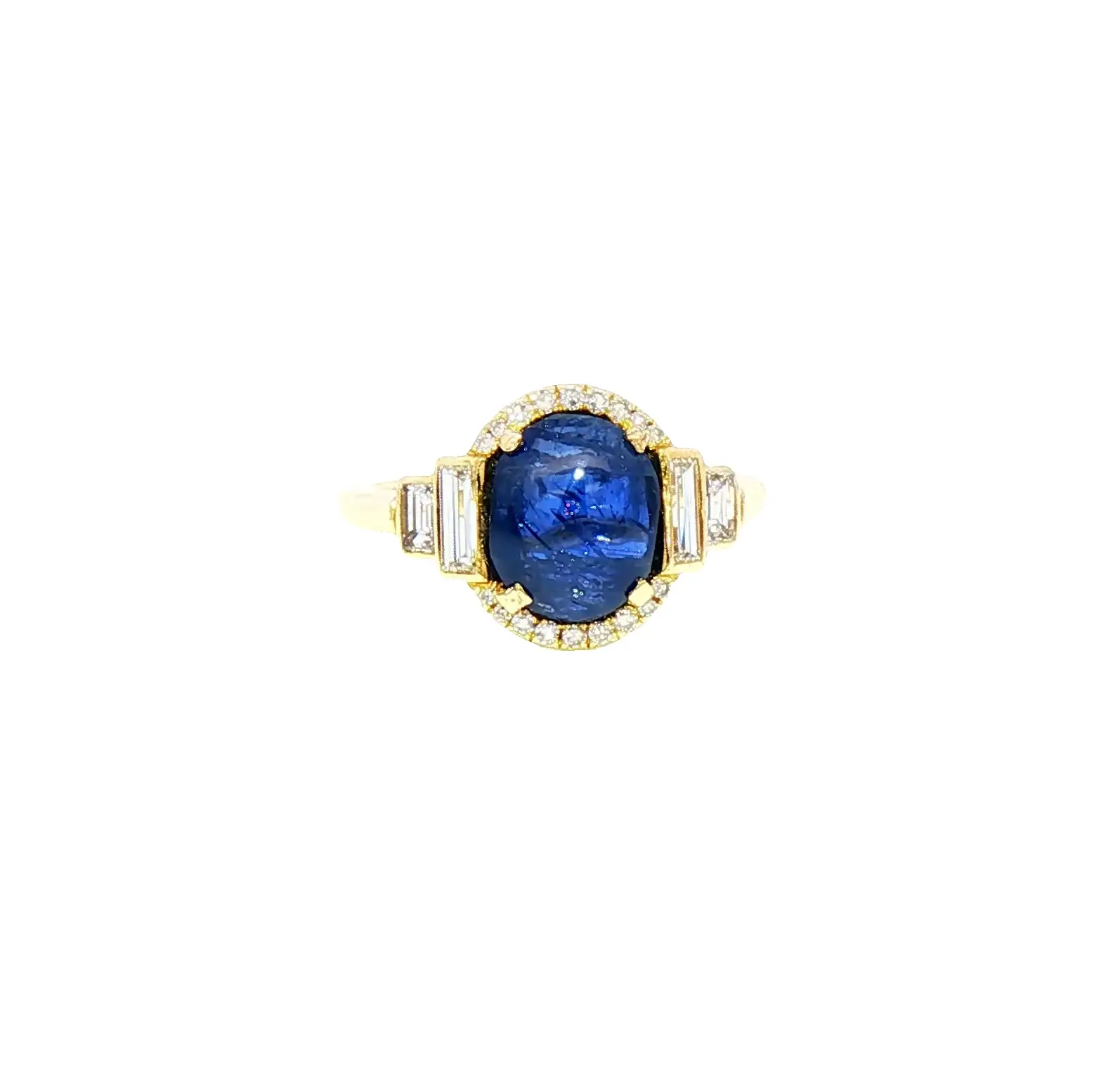 18K yellow gold ring featuring a 3.70 carat Burmese no-heat oval cabochon sapphire with diamond accents, C.Dunaigre certified
