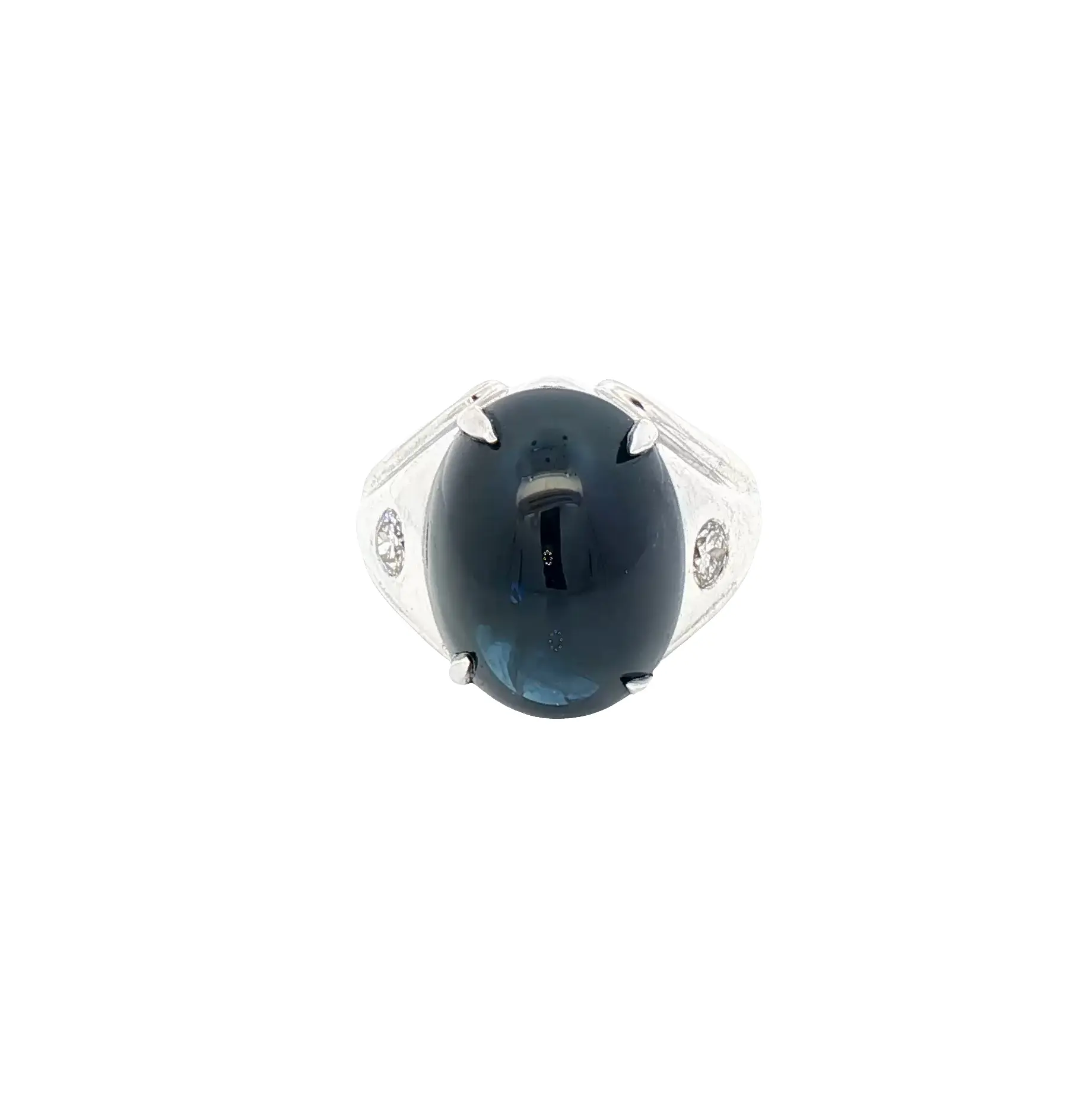 21.57 carat Thai blue sapphire cabochon ring in 14K white gold with diamond accents, certified by C. Dunaigre