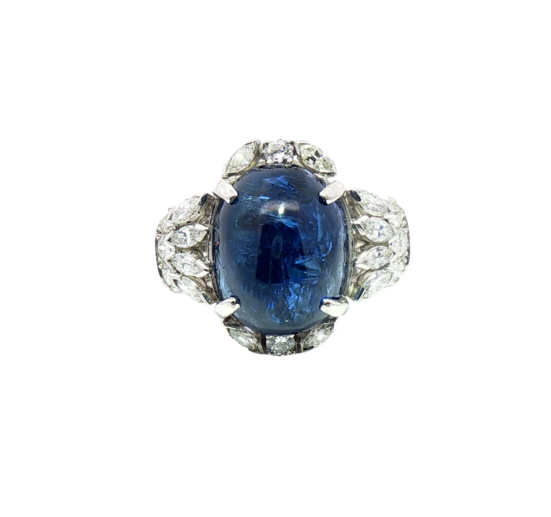 24.63 carat Burmese blue sapphire cabochon ring in platinum with 1.80 carats diamonds, AGL certified, no-heat minor treatment