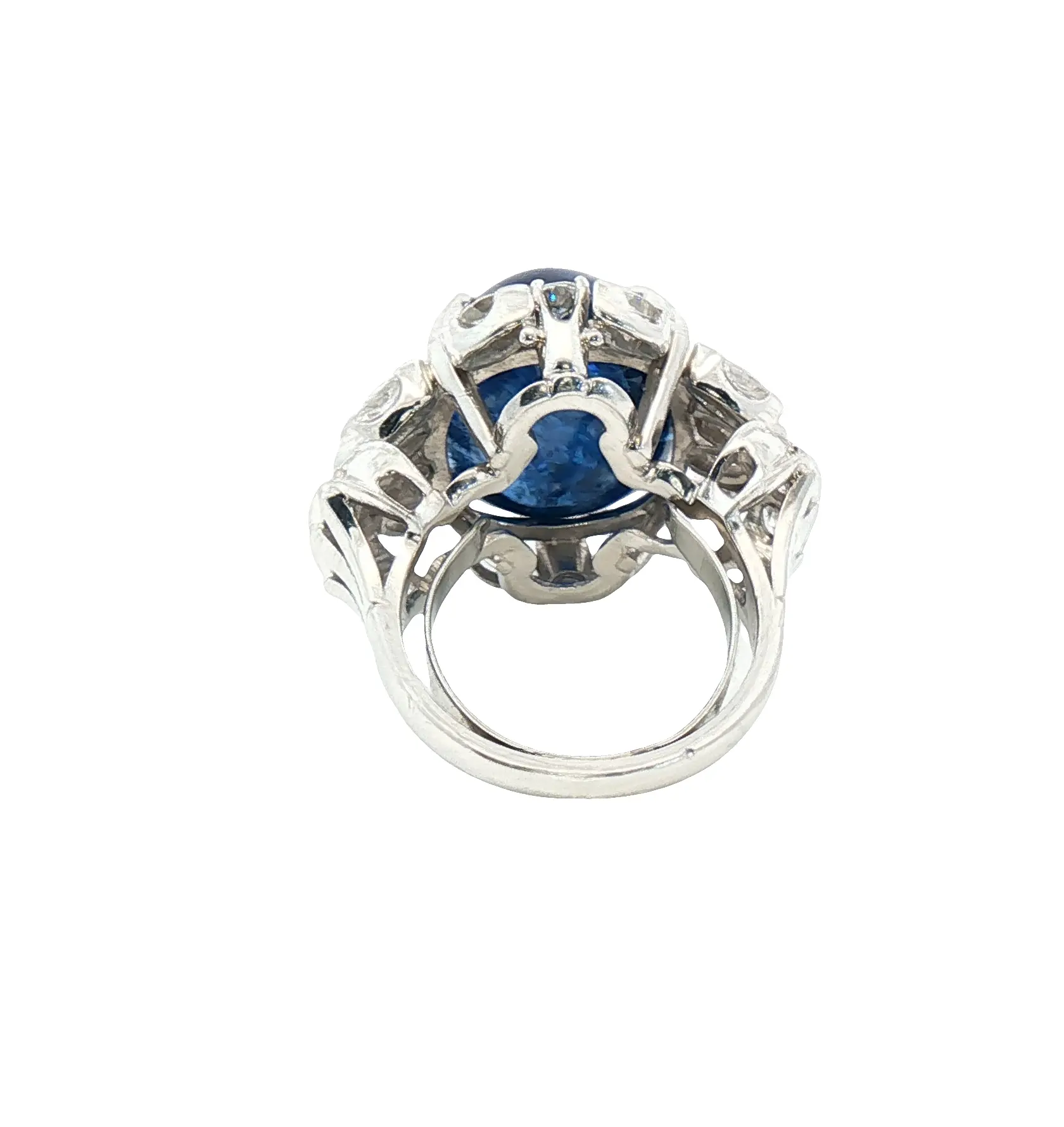 24.63 carat Burmese blue sapphire cabochon ring in platinum with 1.80 carats diamonds, AGL certified, no-heat minor treatment
