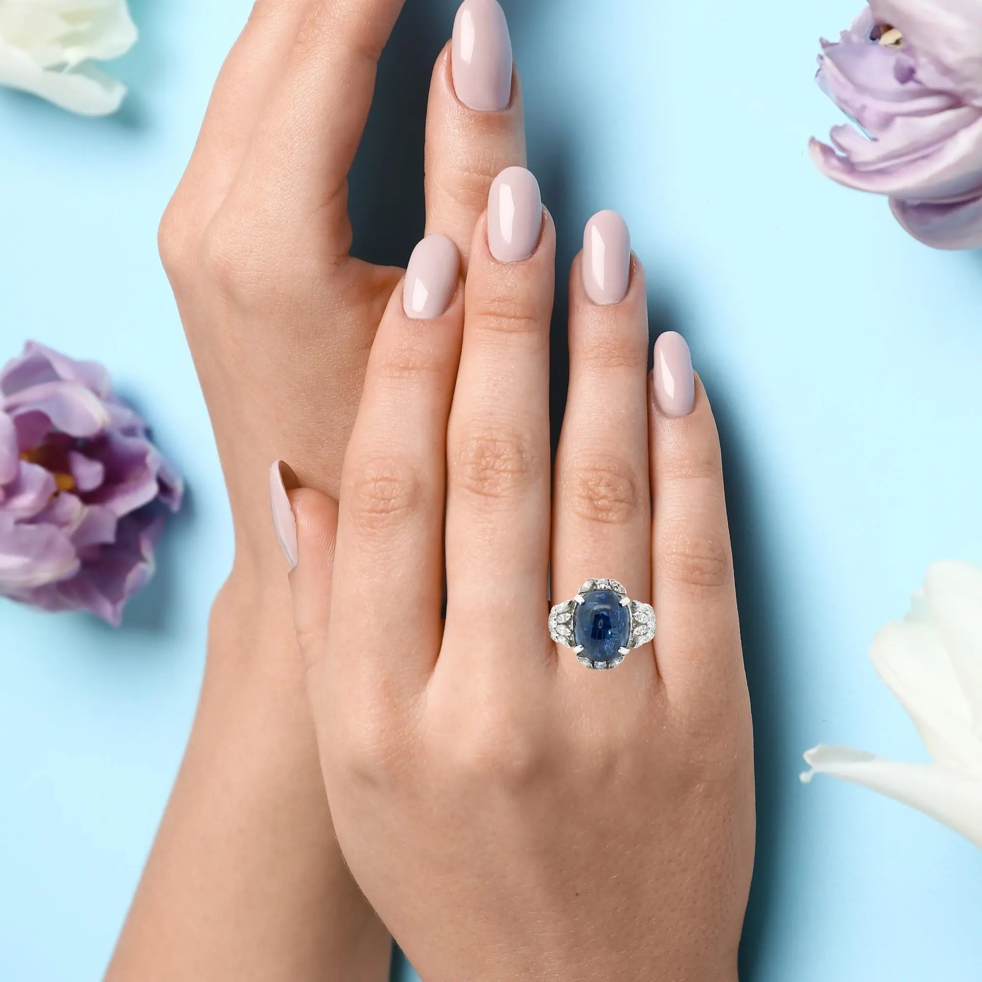 24.63 carat Burmese blue sapphire cabochon ring in platinum with 1.80 carats diamonds, AGL certified, no-heat minor treatment