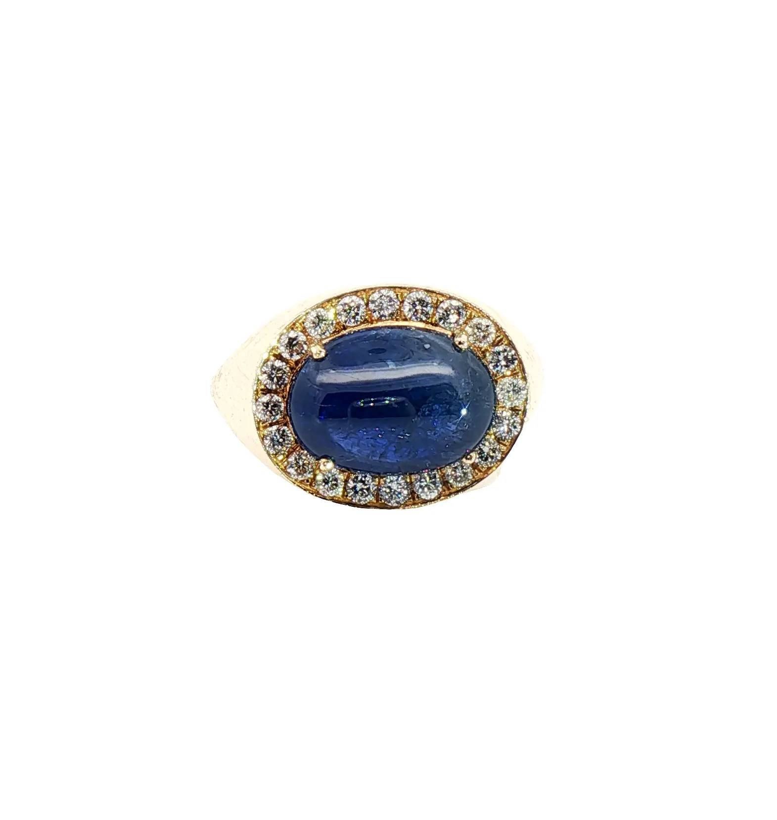 8.84 carat Burmese blue sapphire cabochon ring in 18K yellow gold with 0.60 carats diamonds, natural no-heat sapphire