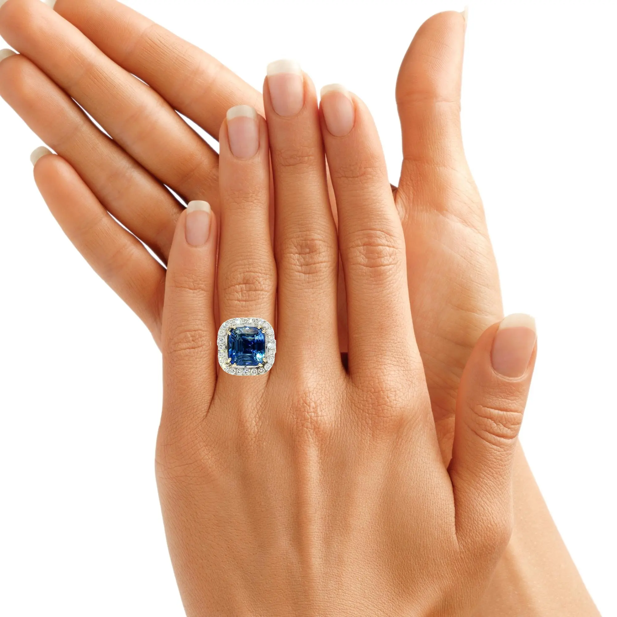 8.35 carat cushion-cut no-heat blue sapphire ring in 18K white gold with 0.72 carats diamonds, AGL certified