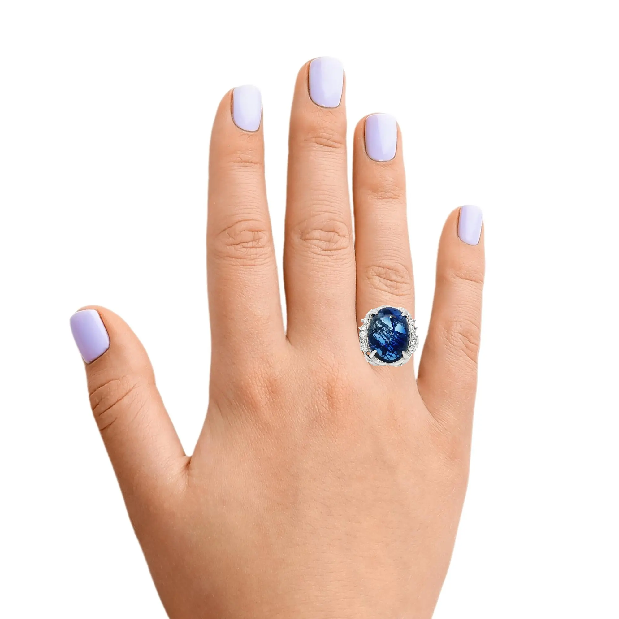 7.75 carat Burmese blue sapphire cabochon ring in platinum with 0.19 carats diamonds, natural no-heat sapphire