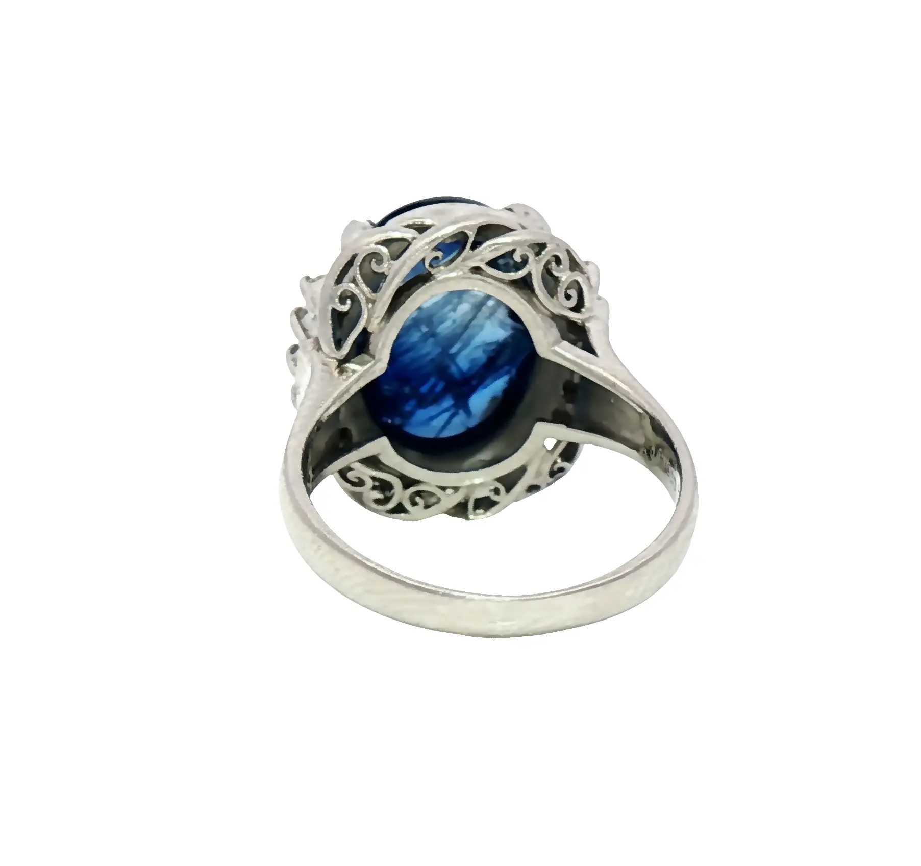 7.75 carat Burmese blue sapphire cabochon ring in platinum with 0.19 carats diamonds, natural no-heat sapphire
