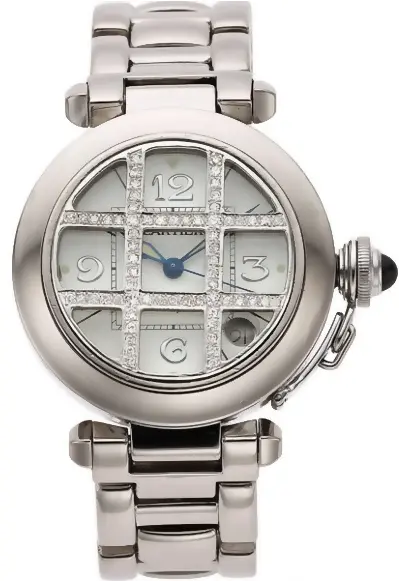 Cartier Pasha 35 mm diamond-set automatic watch in 18k white gold with off-white dial, blued hands, and white-gold link bracelet.