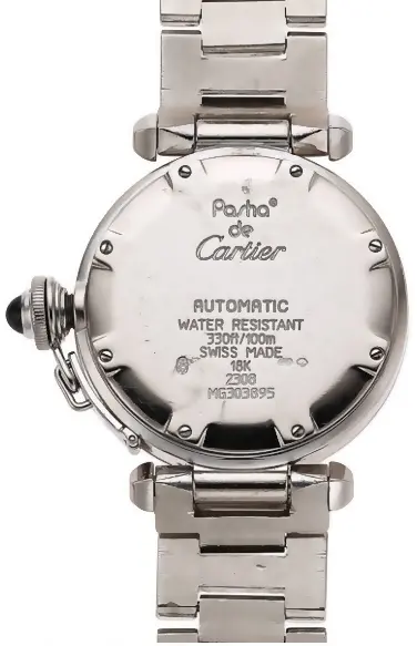 Cartier Pasha 35 mm diamond-set automatic watch in 18k white gold with off-white dial, blued hands, and white-gold link bracelet.