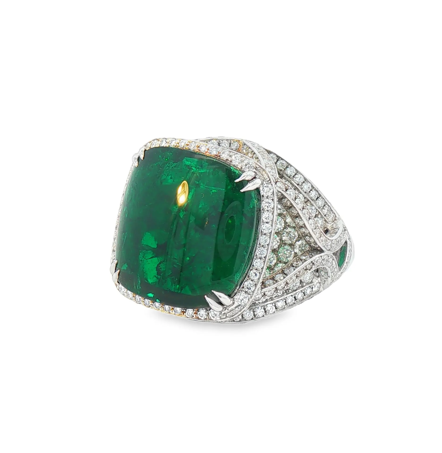 Cushion-cut 13.02 ct Brazilian emerald ring with 4.12 carats diamonds in 18K white gold