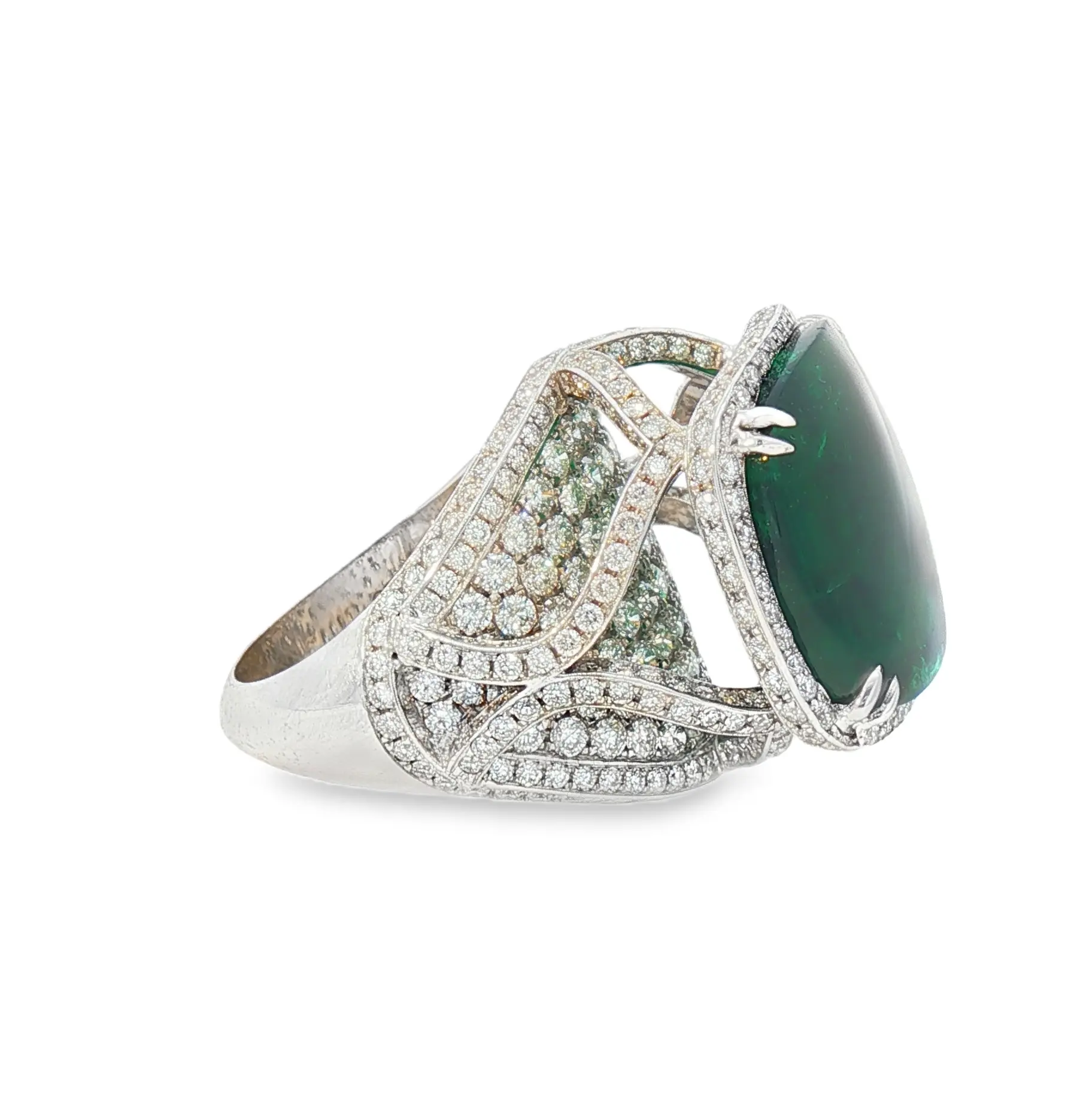 Cushion-cut 13.02 ct Brazilian emerald ring with 4.12 carats diamonds in 18K white gold
