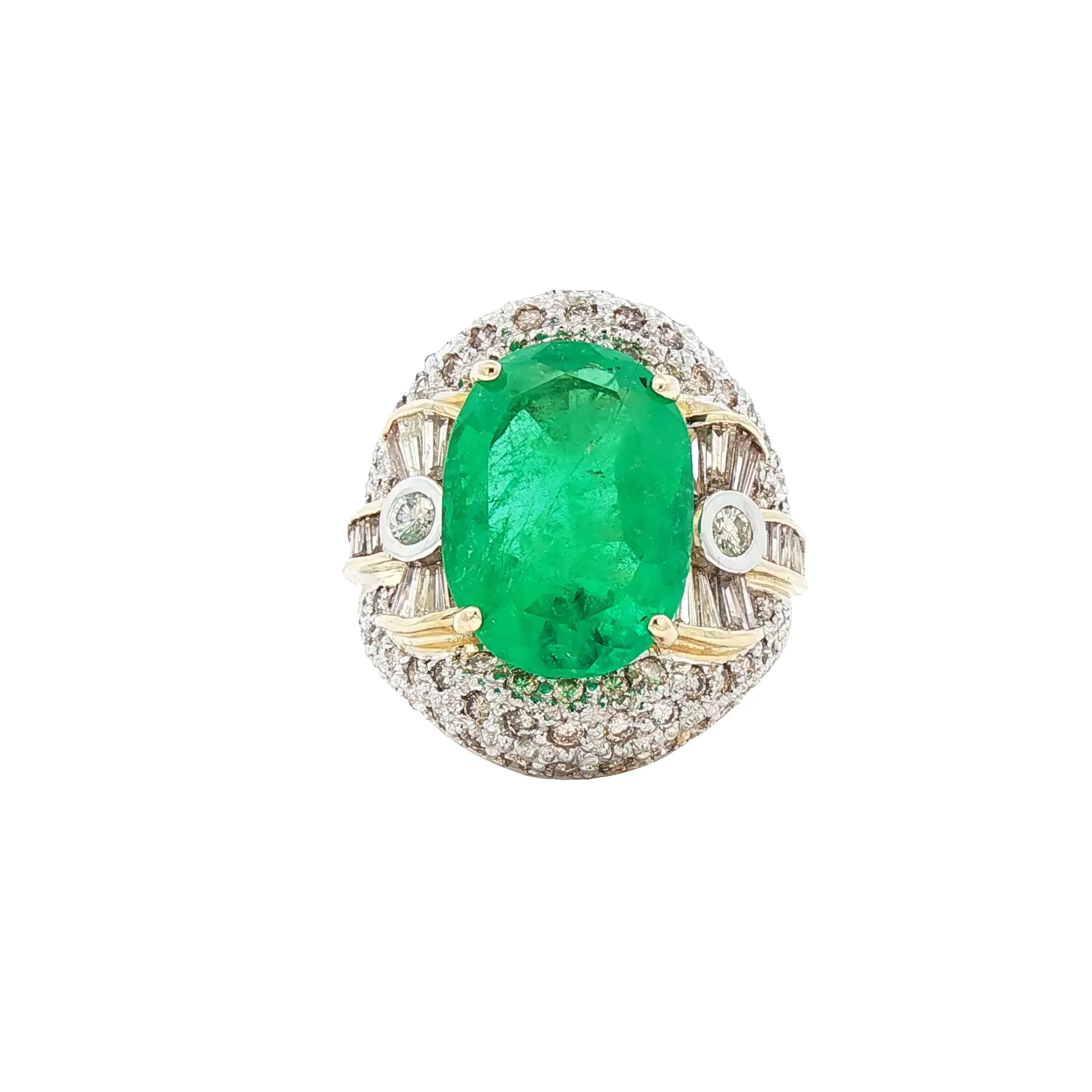 Colombian 6.89-carat oval emerald ring in 14K yellow gold with 4.35-carat diamond halo, C. Dunaigre-certified
