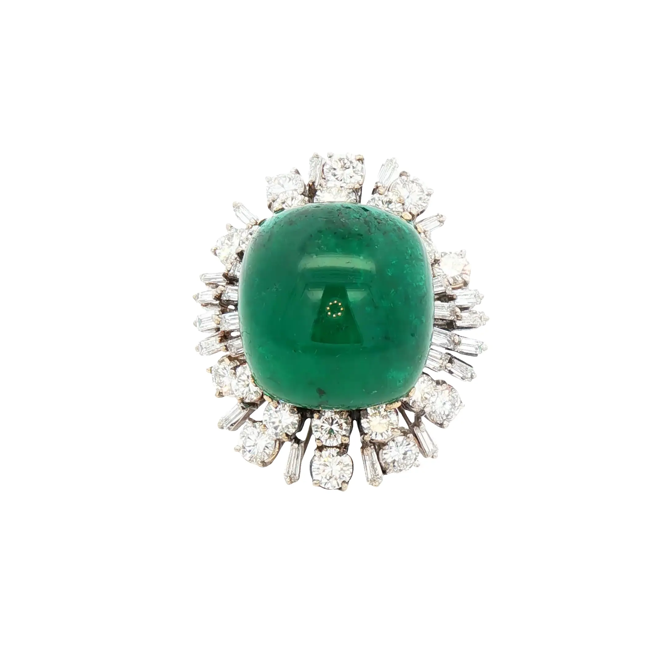 Colombian 24.80-carat cushion pyramidal cabochon emerald ring with diamond halo in platinum and 18K yellow gold, AGL certified.