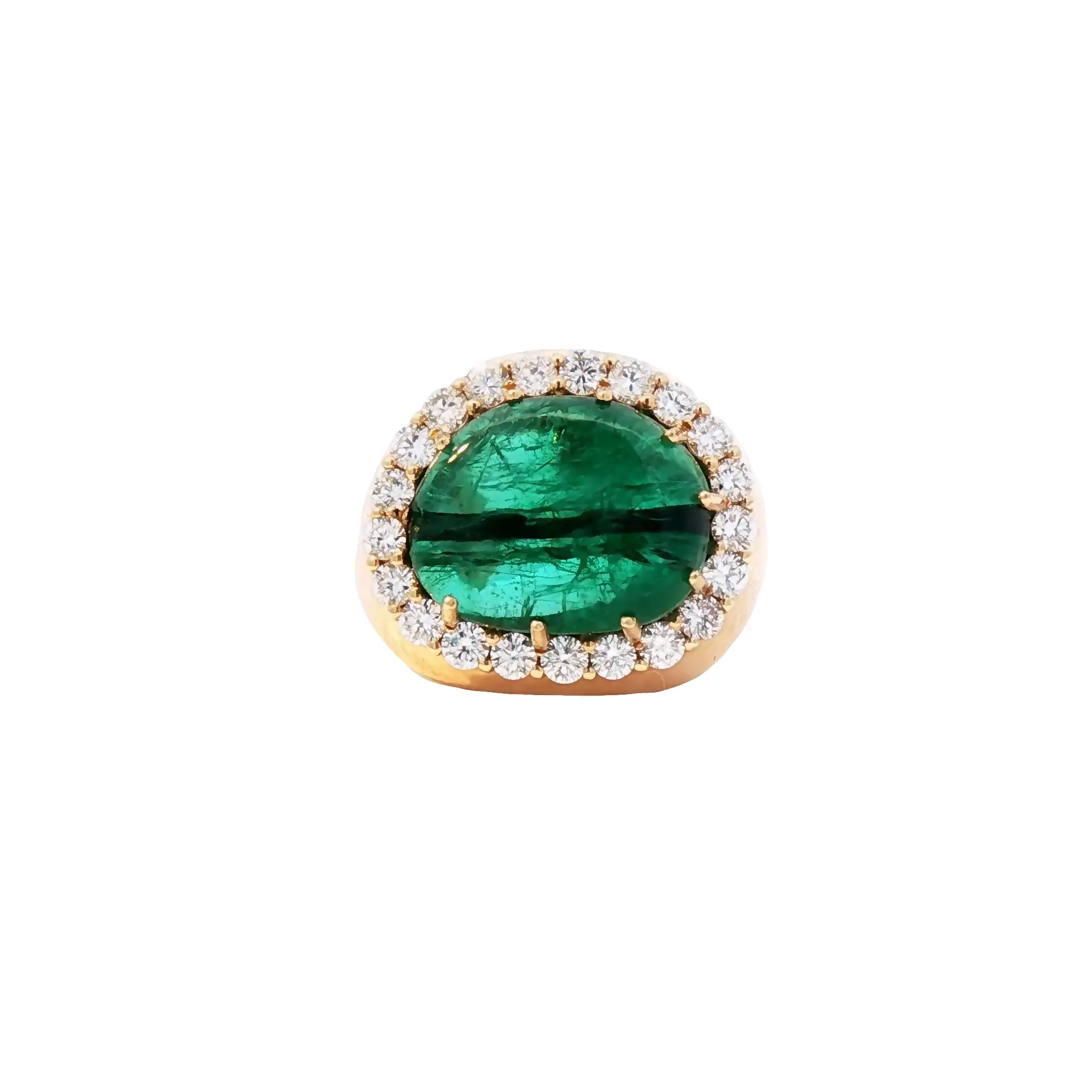 Natural 6.87-carat oval/cushion emerald cabochon in 18K yellow gold with ~0.91-carat diamond accents; 10.73-gram mounting.
