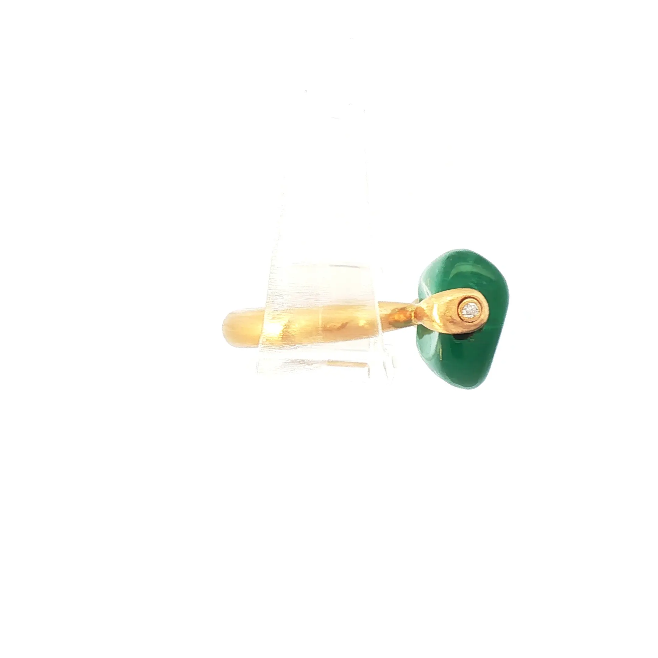 18K yellow gold ring set with a 15.20 ct natural emerald bead/cabochon and a 0.02 ct diamond accent.